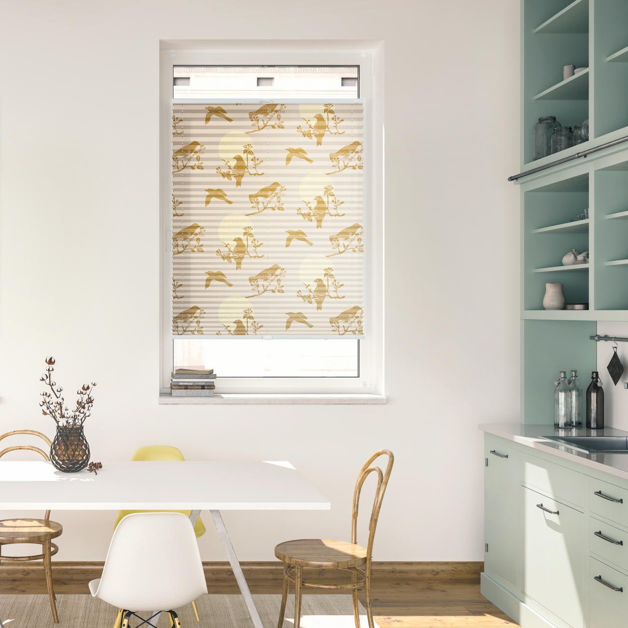LICHTBLICK Plissé Klemmfix, zonder boren, ondoorzichtig, Moon Birds - beige (1 stuk) plisségordijnen maat 90 cm x 130 cm beige