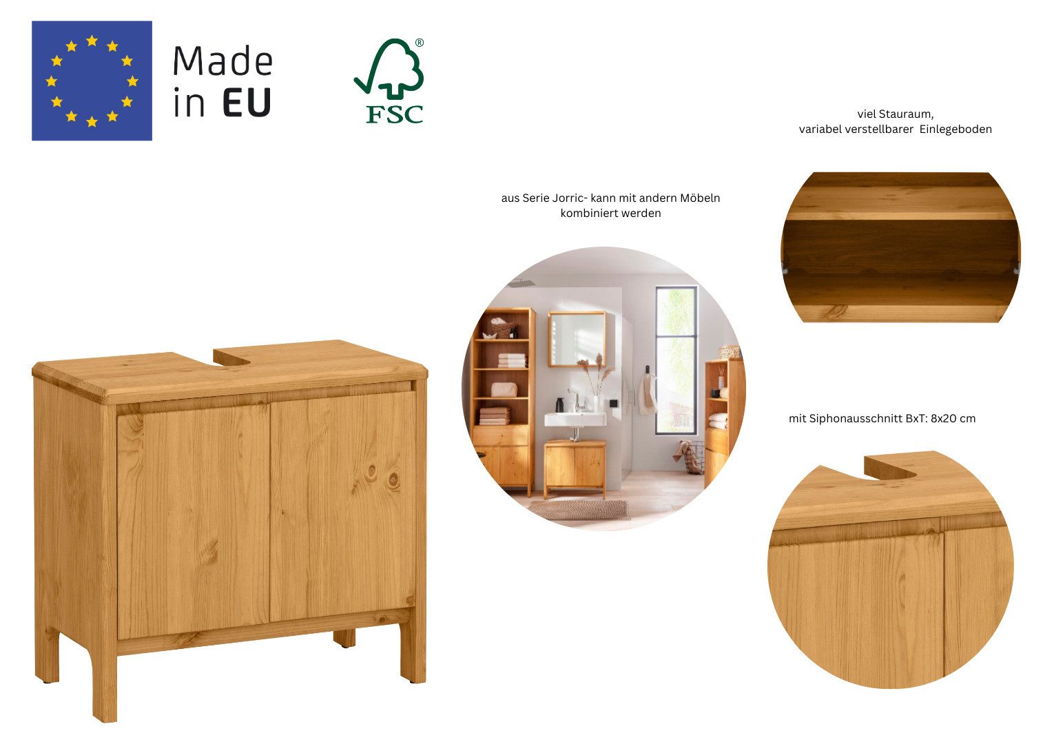 OTTO products Wastafelonderkast Jorrick Breedte 60 cm, grenen met bio olie/was behandeld, sifonuitsparing
