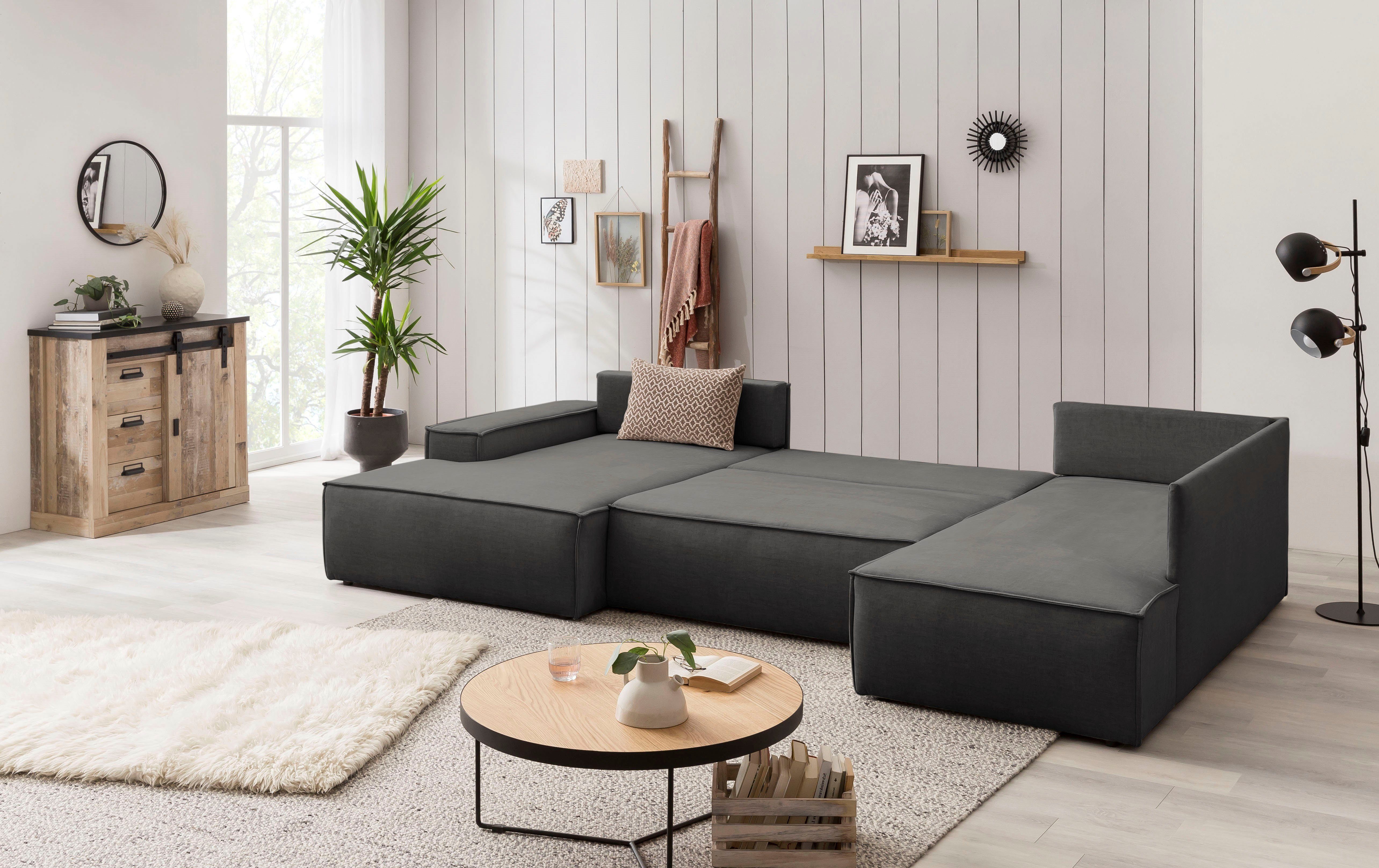 Home affaire Zithoek SHERWOOD 329 cm, U-vorm, slaapbank, Slaapfunctie met bedkist (194x139 cm), cord, vintage, fluweel