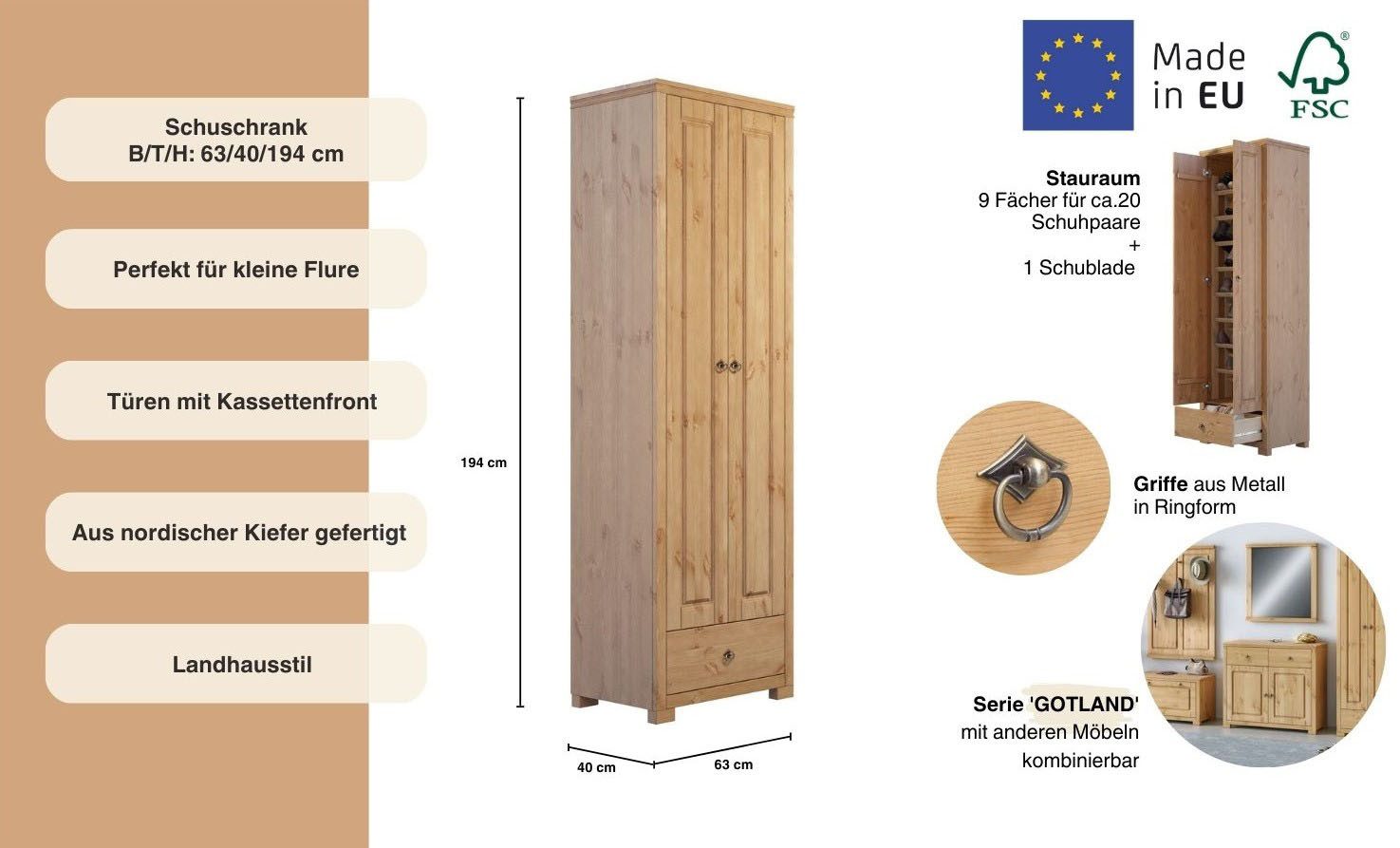 Home affaire Schoenenkast Gotland van massief grenen, fsc®-gecertificeerd, hoogte 193 cm