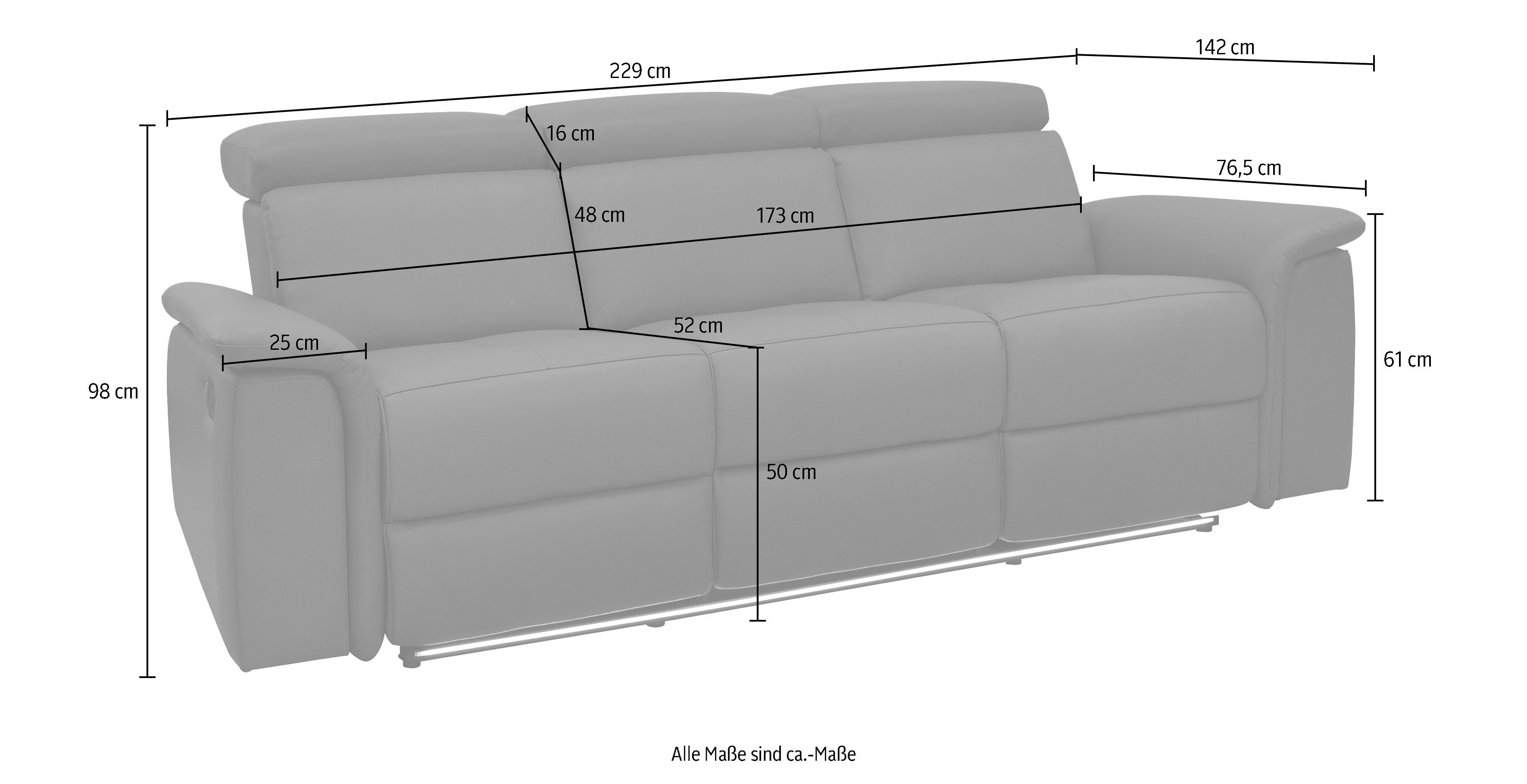 Places of Style 3-zitsbank Pareli 229 cm, handmatige en elektrische relaxfunctie in 2 zits USB, verstelbare hoofdsteun, LED-verlichting, in echt leer, kunstleer, geweven stof