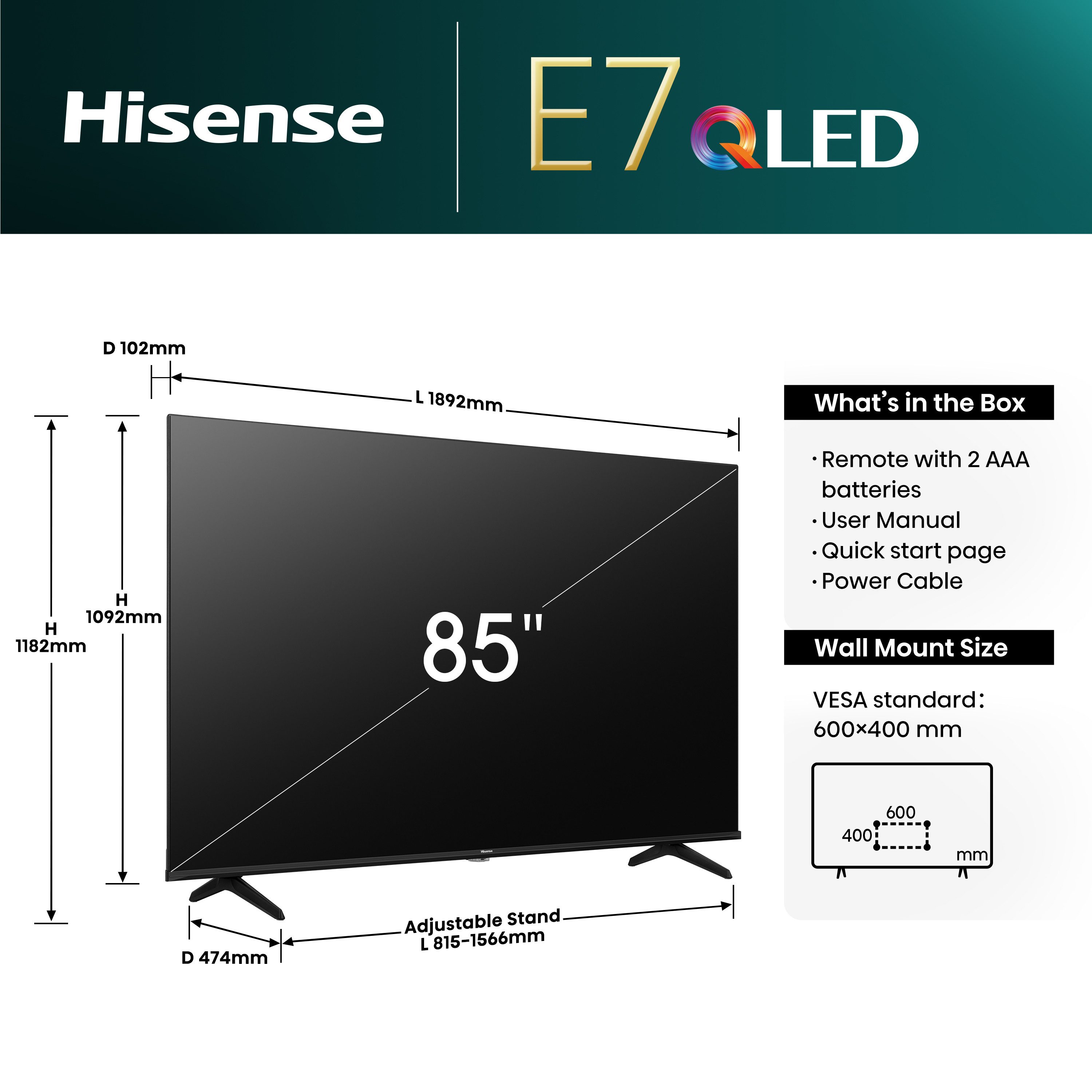 Hisense QLED-TV 85E77NQ, 215 cm / 85", 4K Ultra HD, Smart TV, 4k uhd, qled