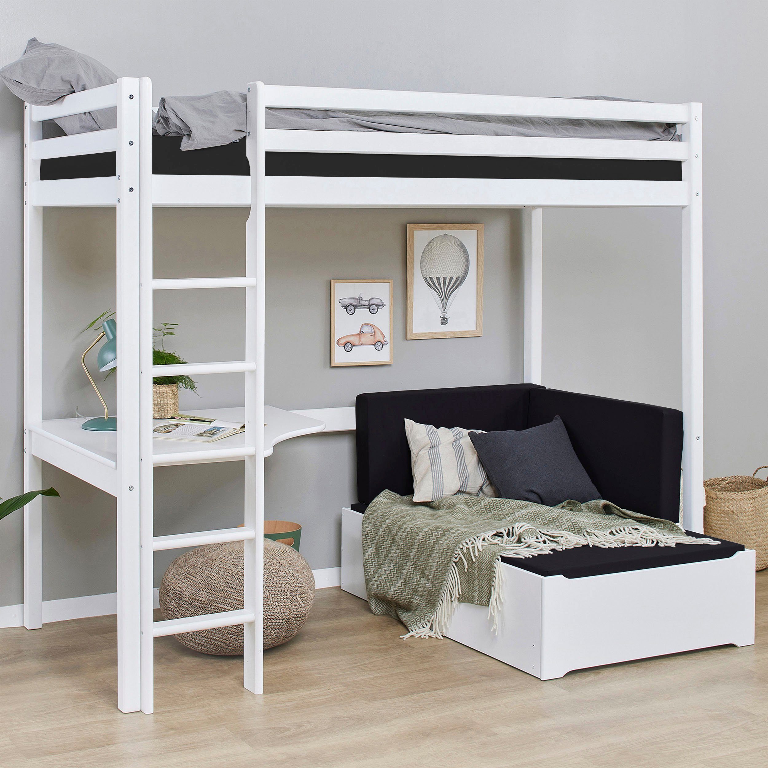 Hoppekids Hoogslaper ECO Dream 90x200 met bureau & loungebank / logeerbed Kinderbed van massief hout, bank uitschuifbaar tot logeerbed hoogslapers