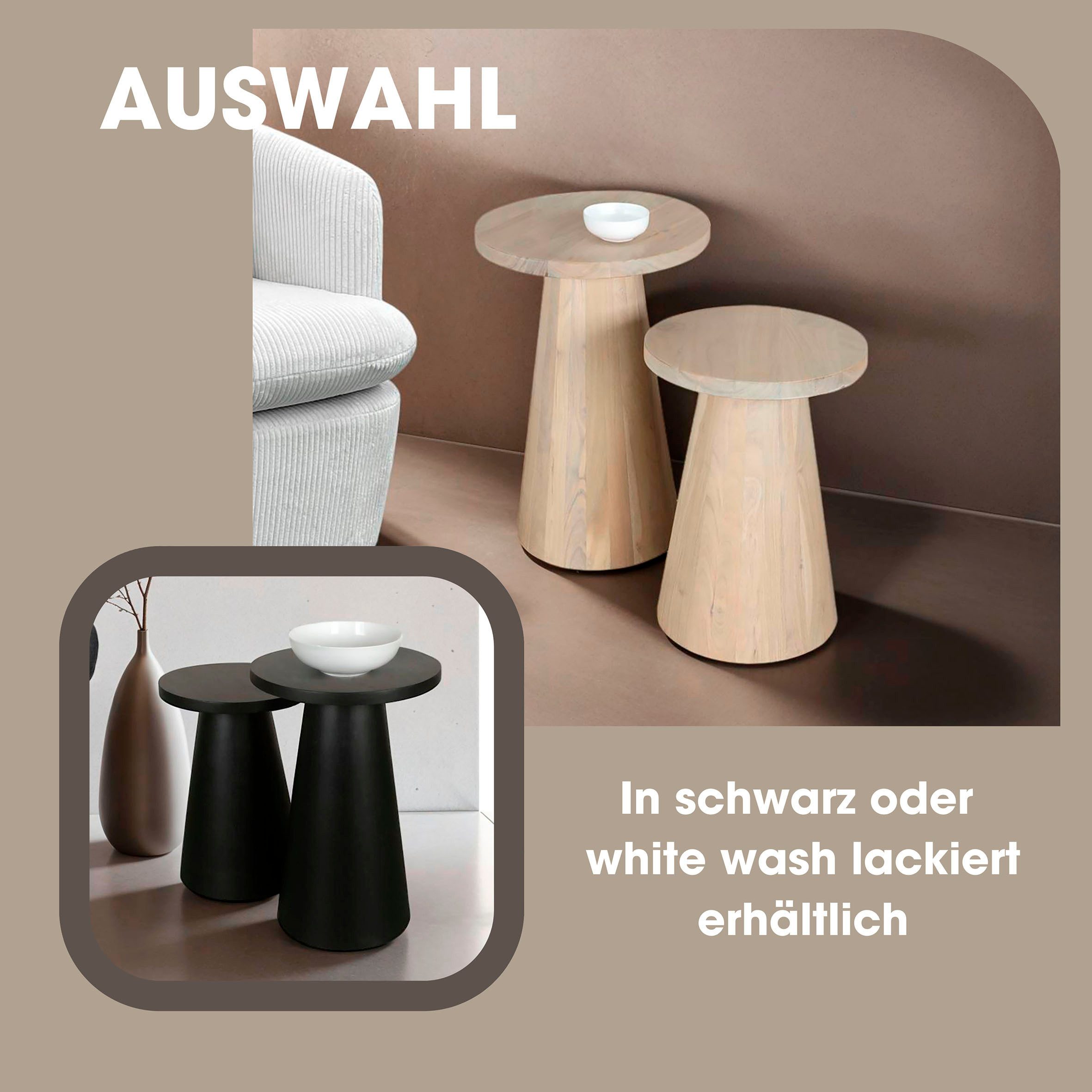 byLIVING Bijzettafel Kegel uit massief hout in zwart of white wash, verschillende maten (set)