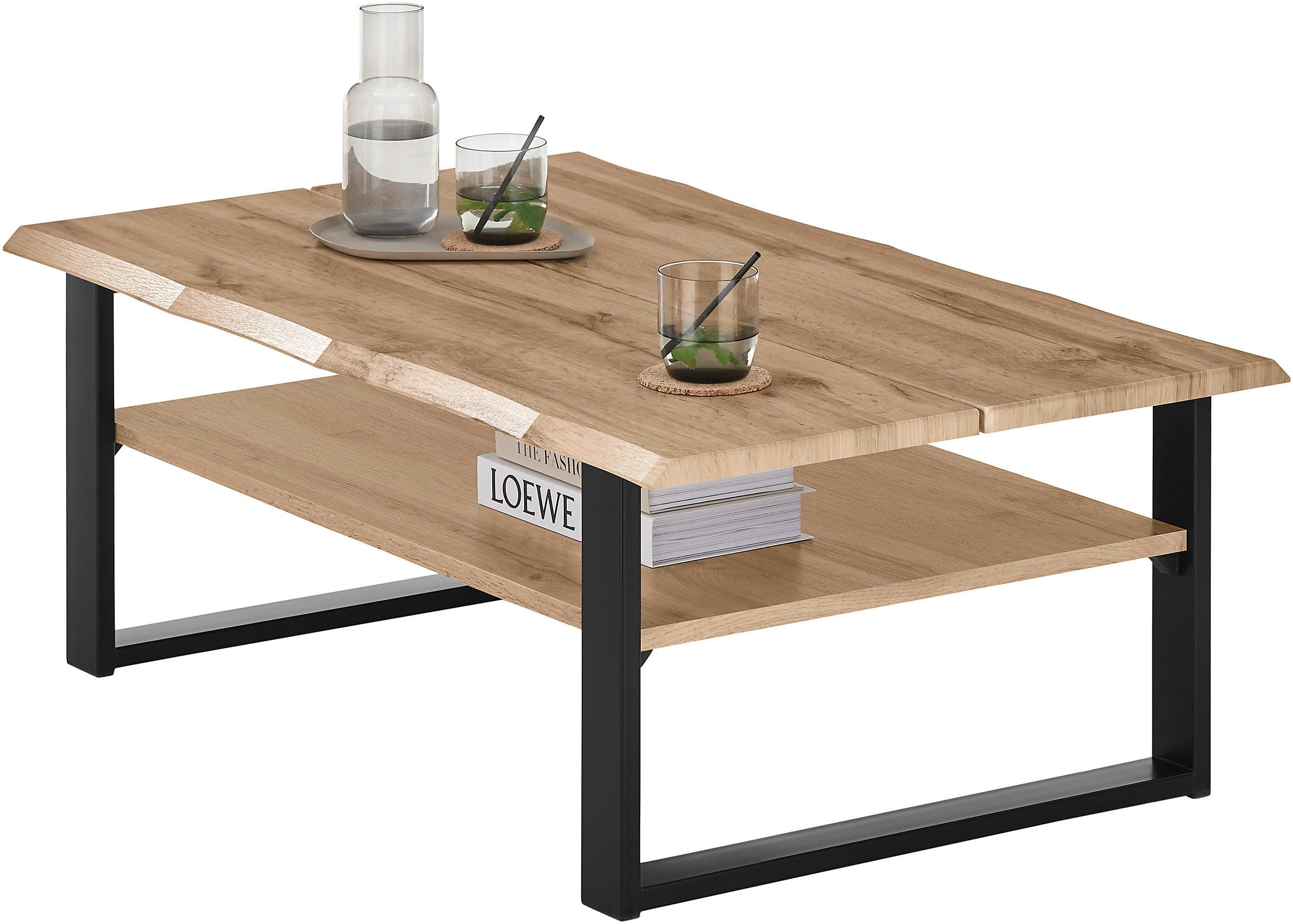 Stolkom Salontafel Venice salontafel met boomrand, BxHxD 107x40x66 cm Boomrandlook, industriële stijl, 1 opbergplank, Wotan eikenlook