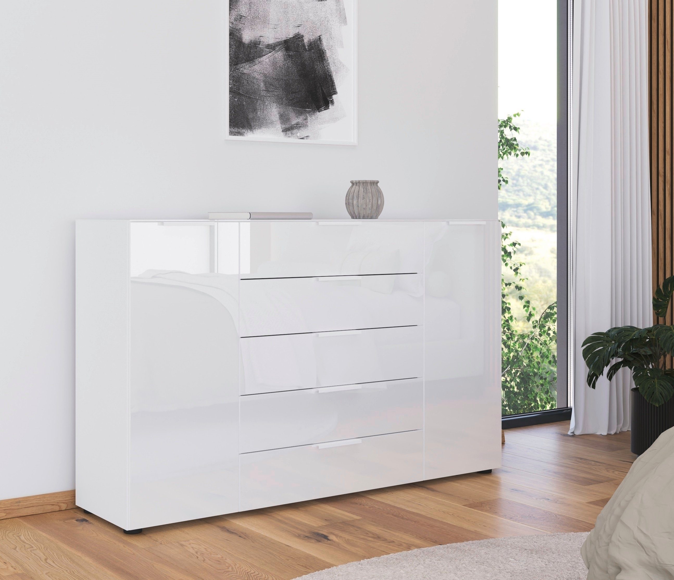 rauch Ladekast Flipp kast sideboard waskast 2-deurs, 5 laden, soft-close, bovenblad en glazen front, 2 breedtes