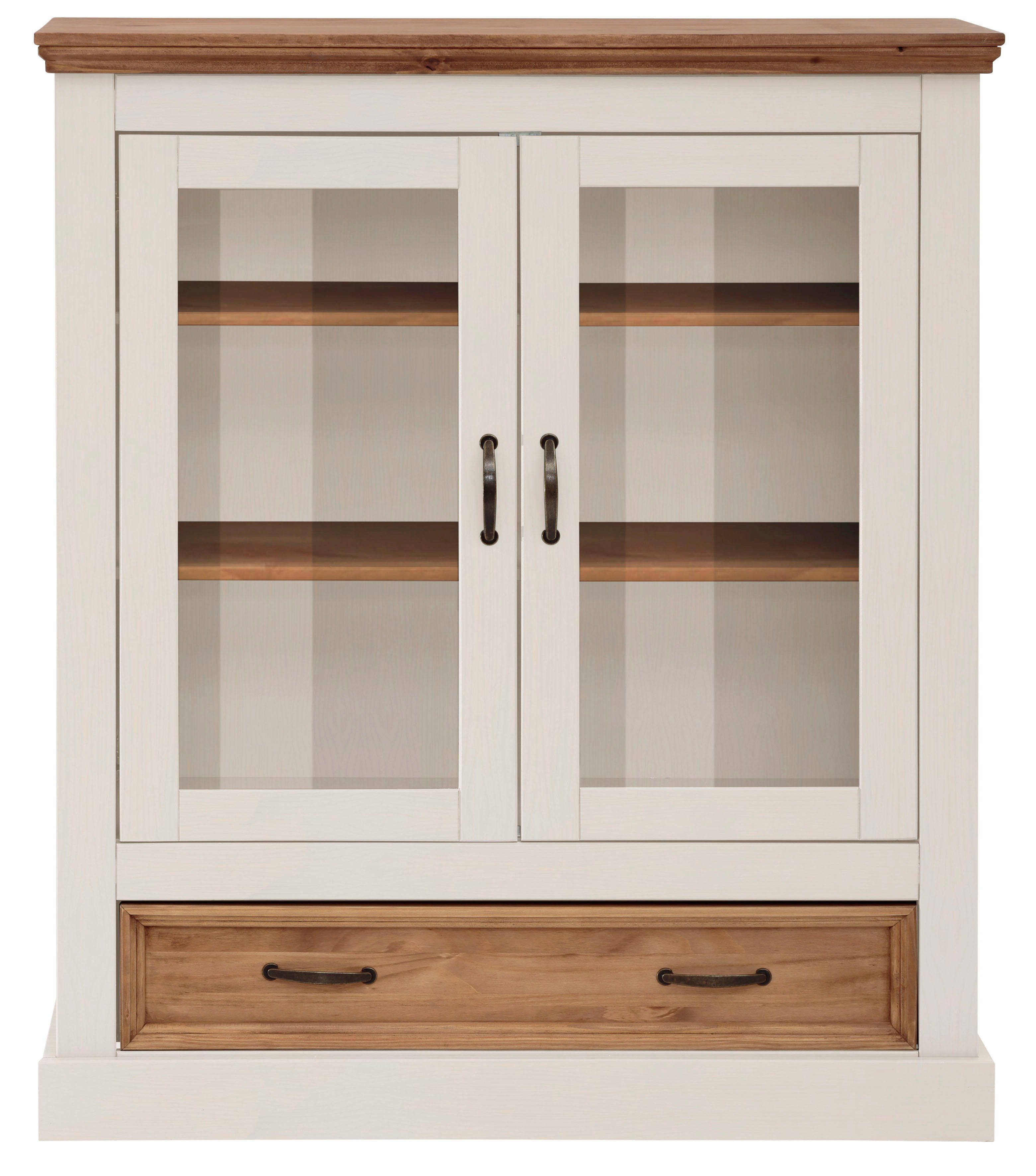 Home affaire Vitrinekast Selma Highboard gemaakt van massief grenen, met metalen handgrepen in een antieke look