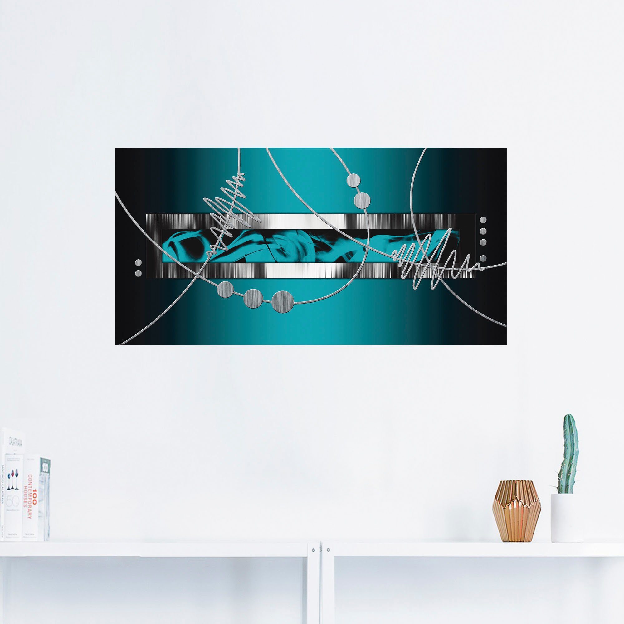 Artland Artprint Zilverkleur abstract op petrol als artprint van aluminium, artprint voor buiten, artprint op linnen, poster, muursticker