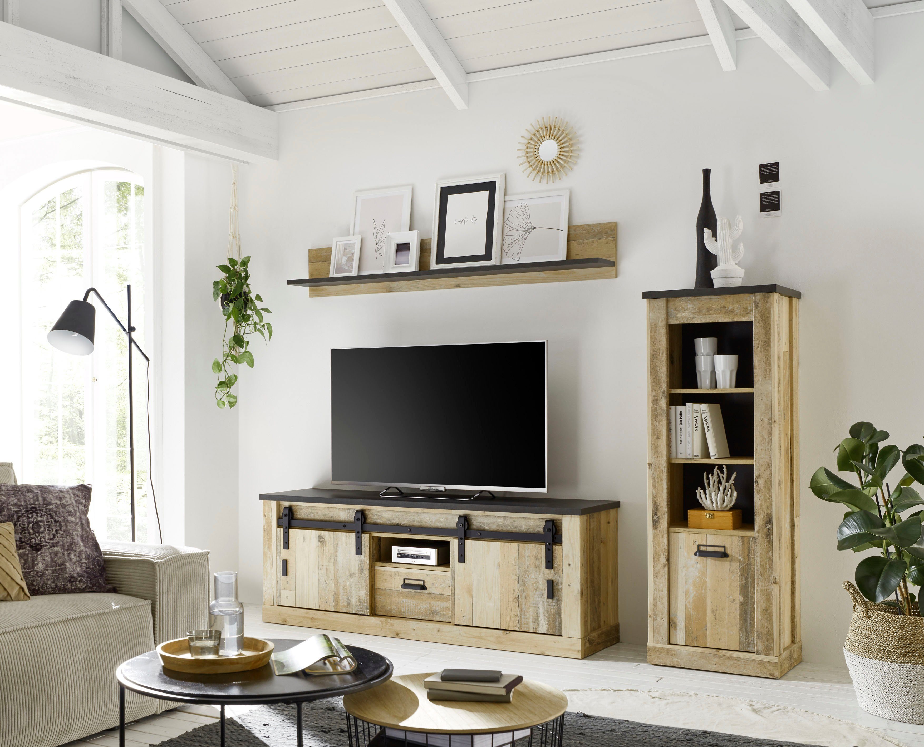 Home affaire Waskast SHERWOOD hoge kast, commode in moderne houtlook, met metalen apothekers handgrepen, hoogte 146 cm