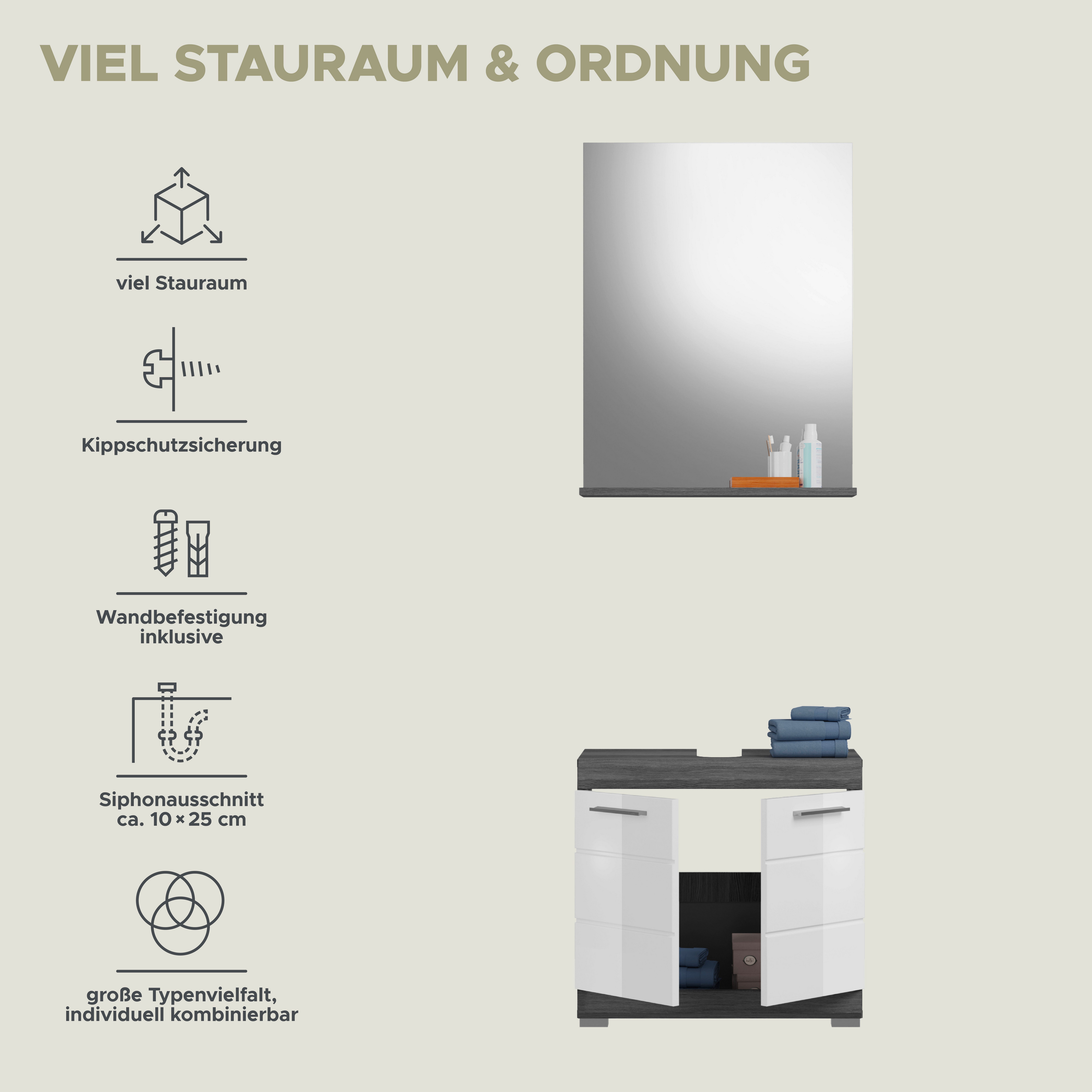 INOSIGN Badkamerserie Siena, 2-delig, bestaande uit: onderkast voor wastafel, spiegel in verschillende kleuren verkrijgbaar, badkamermeubels, combinatie, badkamer (set, 2-delig)