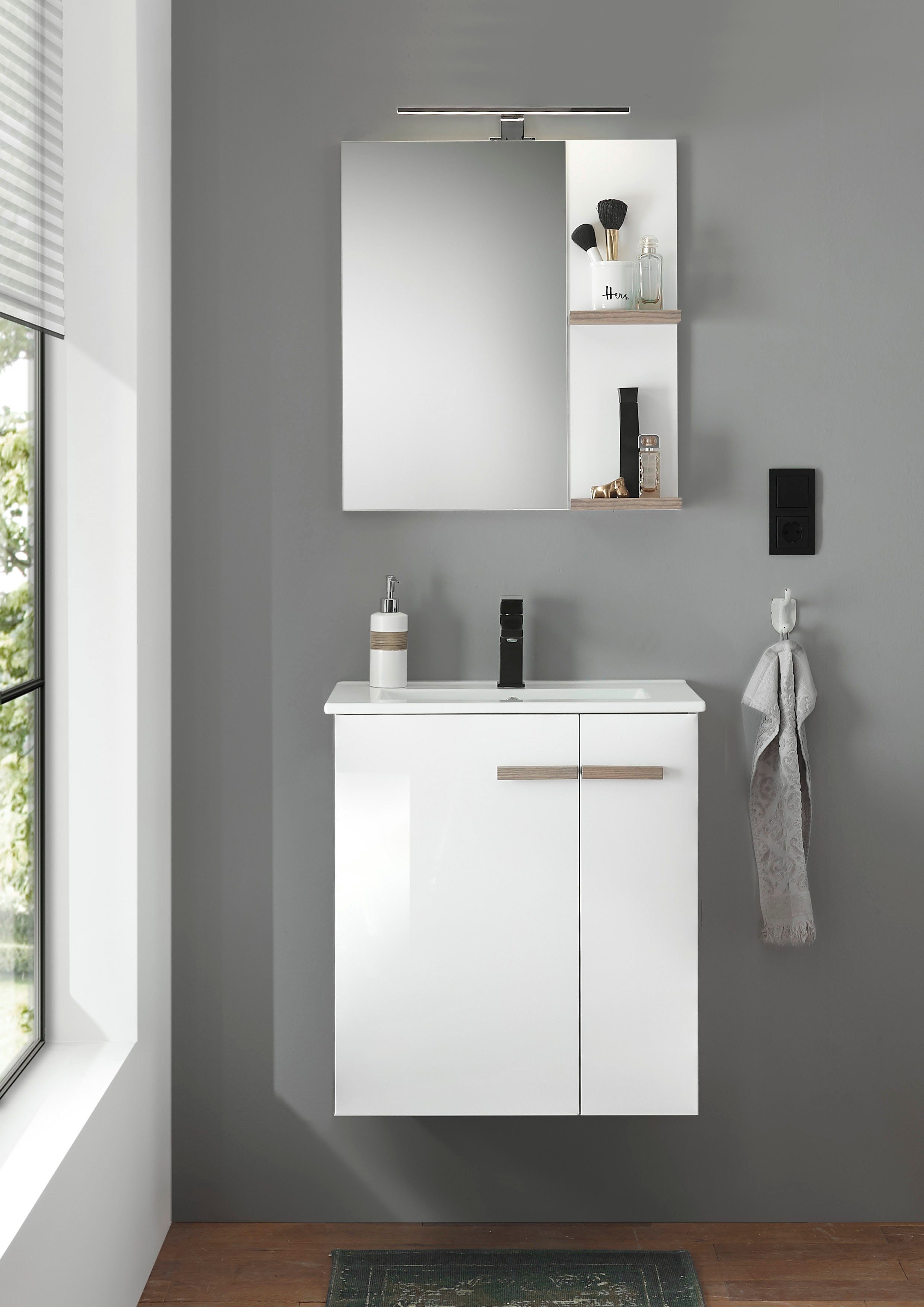 Places of Style Badkamerserie SOLiD, Badmöbel-Set, Bad im modernen Design, 2-teiliges Badezimmer Breedte 60 cm, wastafelonderkast met inbouw-wasbak, spiegel, opbouwarmatuur (2-delig)
