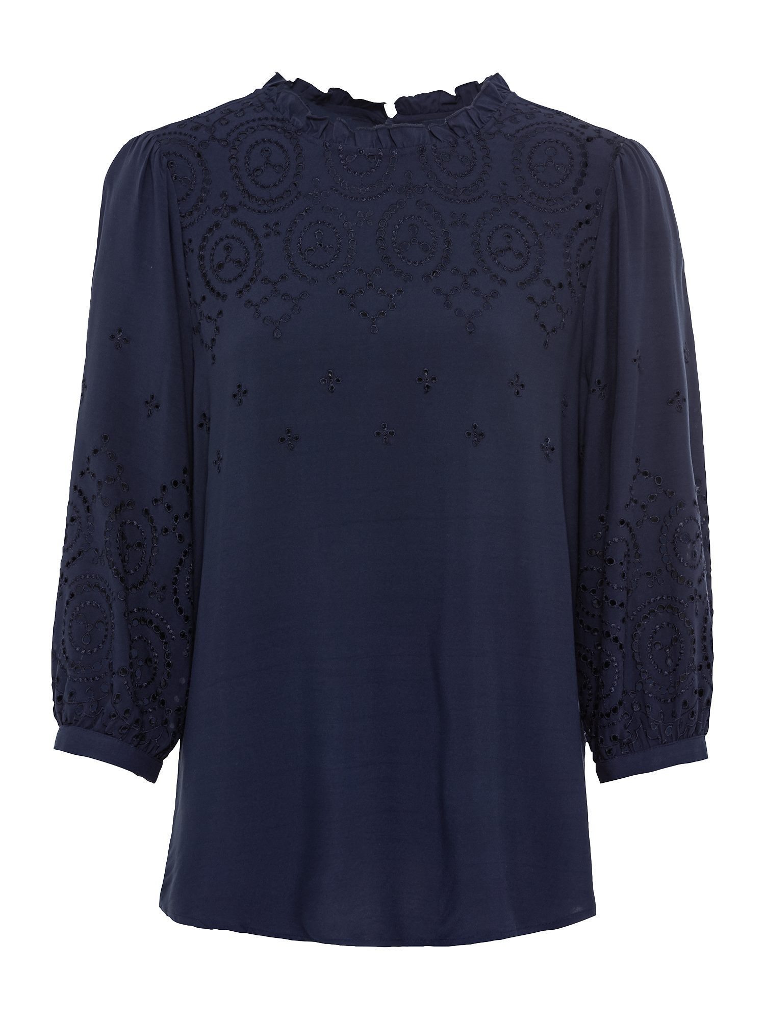 Lascana Blouse zonder sluiting met gaatjesborduurwerk en subtiele ruches, 3/4-mouwen damesblouse
