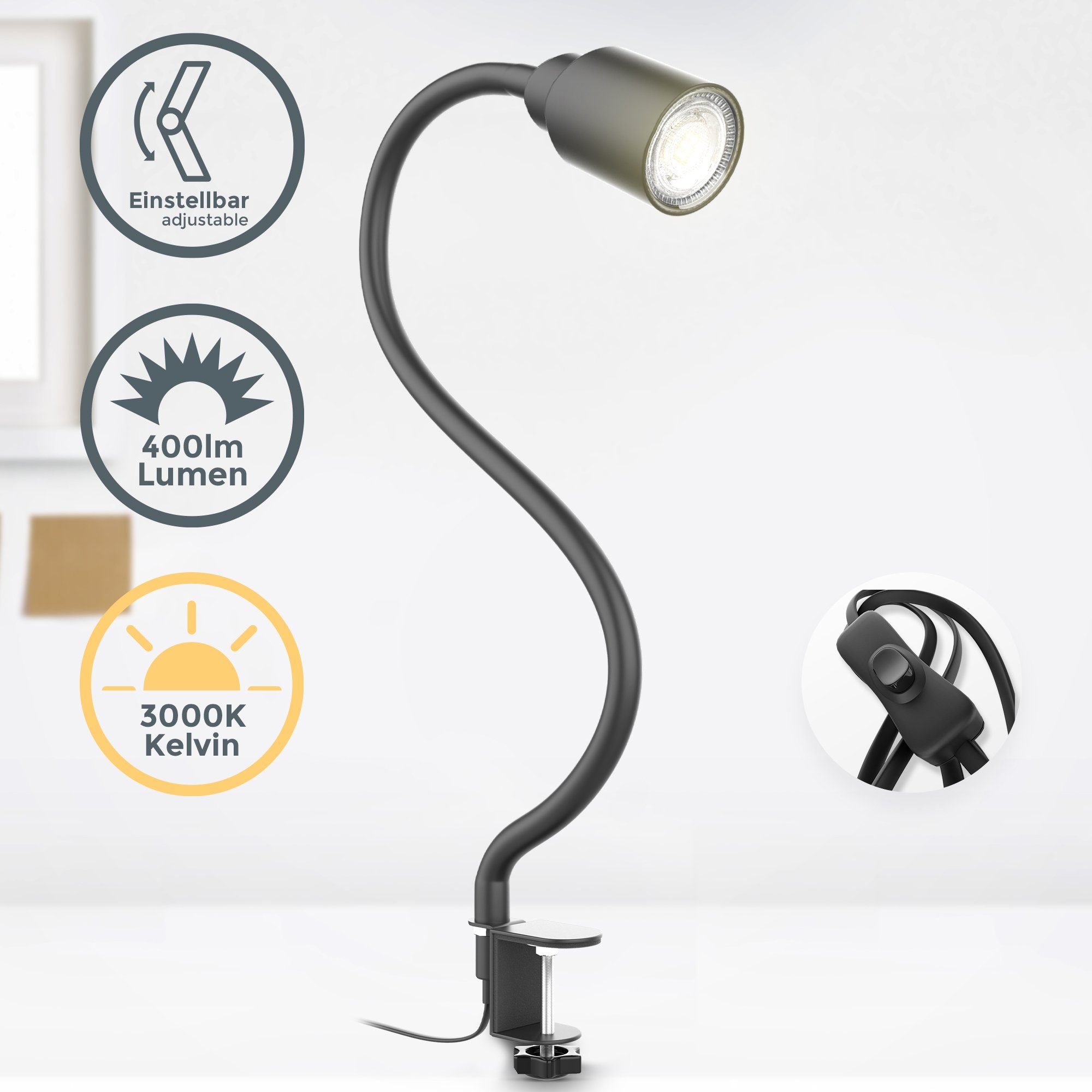 B.K.Licht Klemlamp BK_KL1355 LED klemlamp, incl. 5W GU10 lamp, zwart 3.000k warmwit licht, draaibaar, kantelschakelaar, 3 cm klembaar (1 stuk)