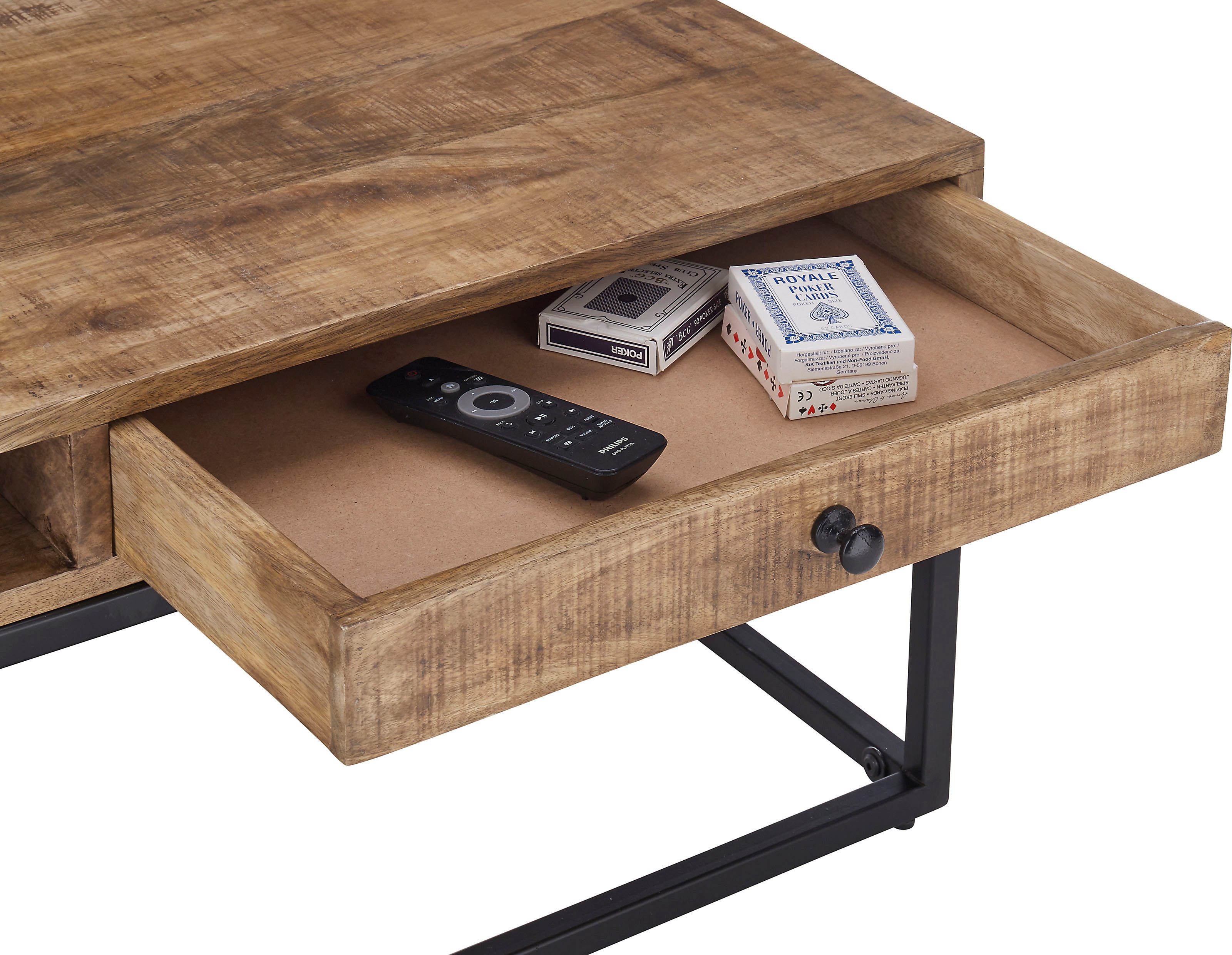 Stolkom Salontafel Alison Massief hout met lade, tafel in industriële stijl