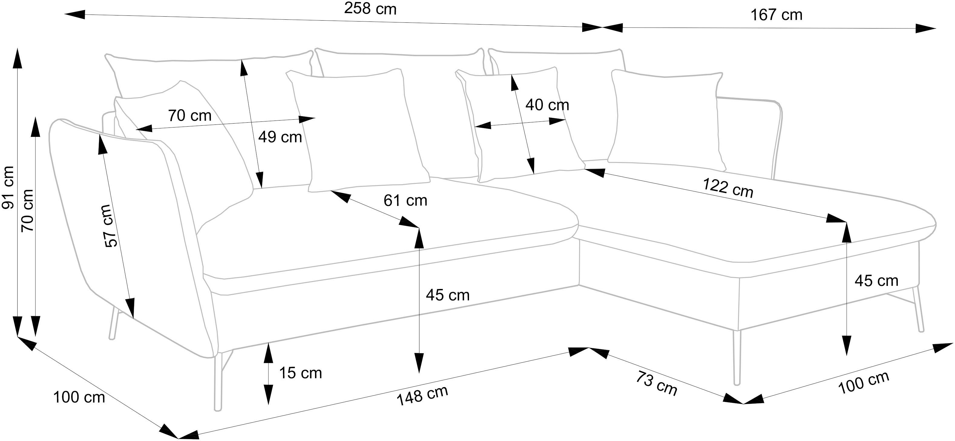 andas Hoekbank LIVORNO,258 cm, L-model, Slaapfunctie en bedlade (139/224 cm), fluweel, structuur, geweven stof