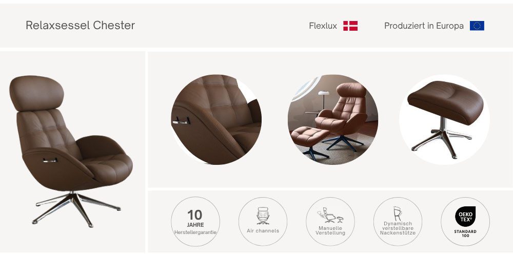 FLEXLUX Relaxfauteuil Chester, relaxfauteuil, hoog comfort, Scandi, draaibaar Premium comfort, rug- en hoofdeindeverstelling, draaibaar, voet zwart