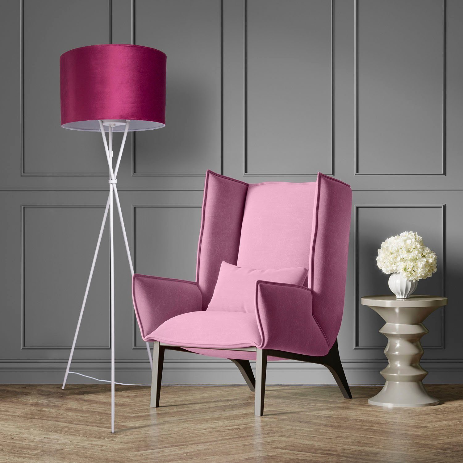 Paco Home Staande lamp Kate uni kleur Woonkamer driepoot vloerlamp velours hoogte 177,5cm filigraan E27