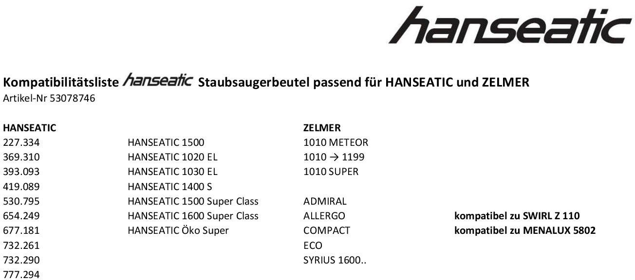 Hanseatic Stofzuigerzak HANSEATIC en ZELMER (set, 10 stuks)