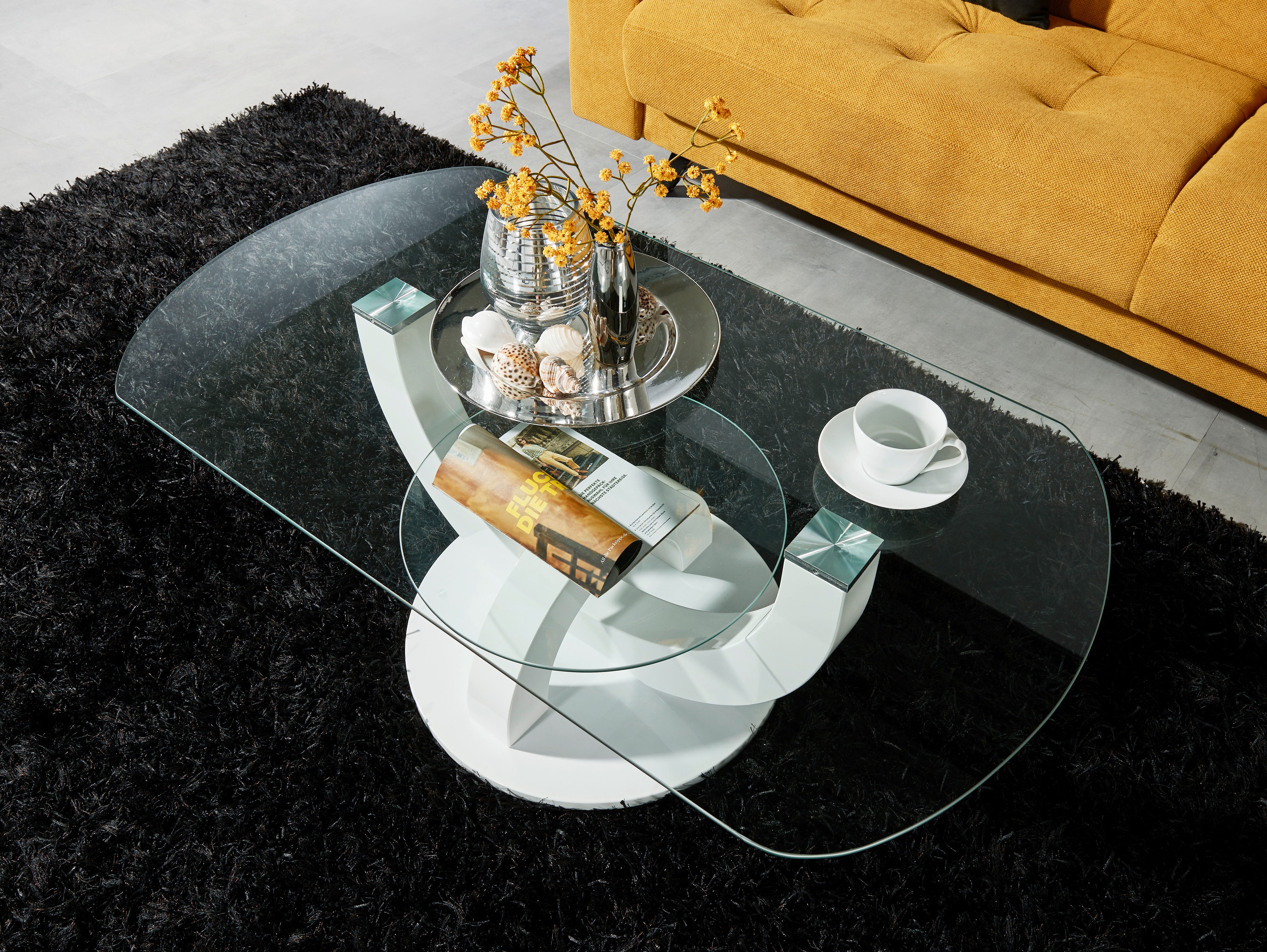 Stolkom Salontafel Boston, TOPSELLER! Glas tafel, tafel met U-vorm frame in wit hoogglans