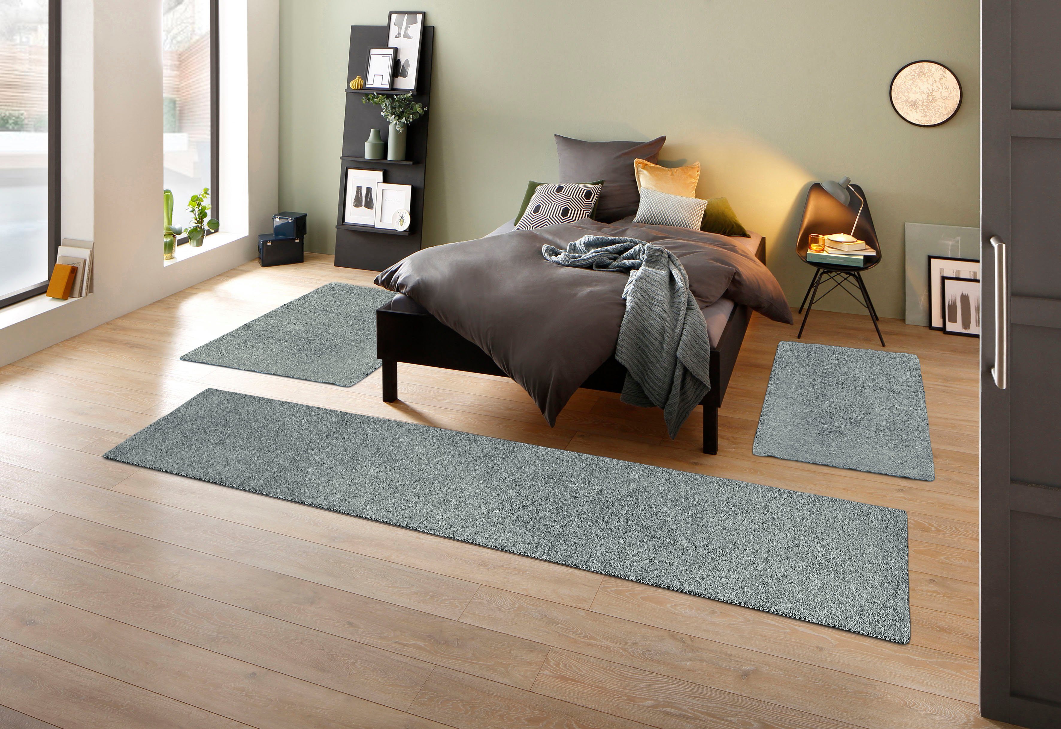THEKO Set slaapkamerkleedjes Gabbeh uni, handgeweven tapijt, gemêleerd, 100% wol Slaapkamerkleed, unikleuren, met de hand geweven, loper-set, slaapkamer