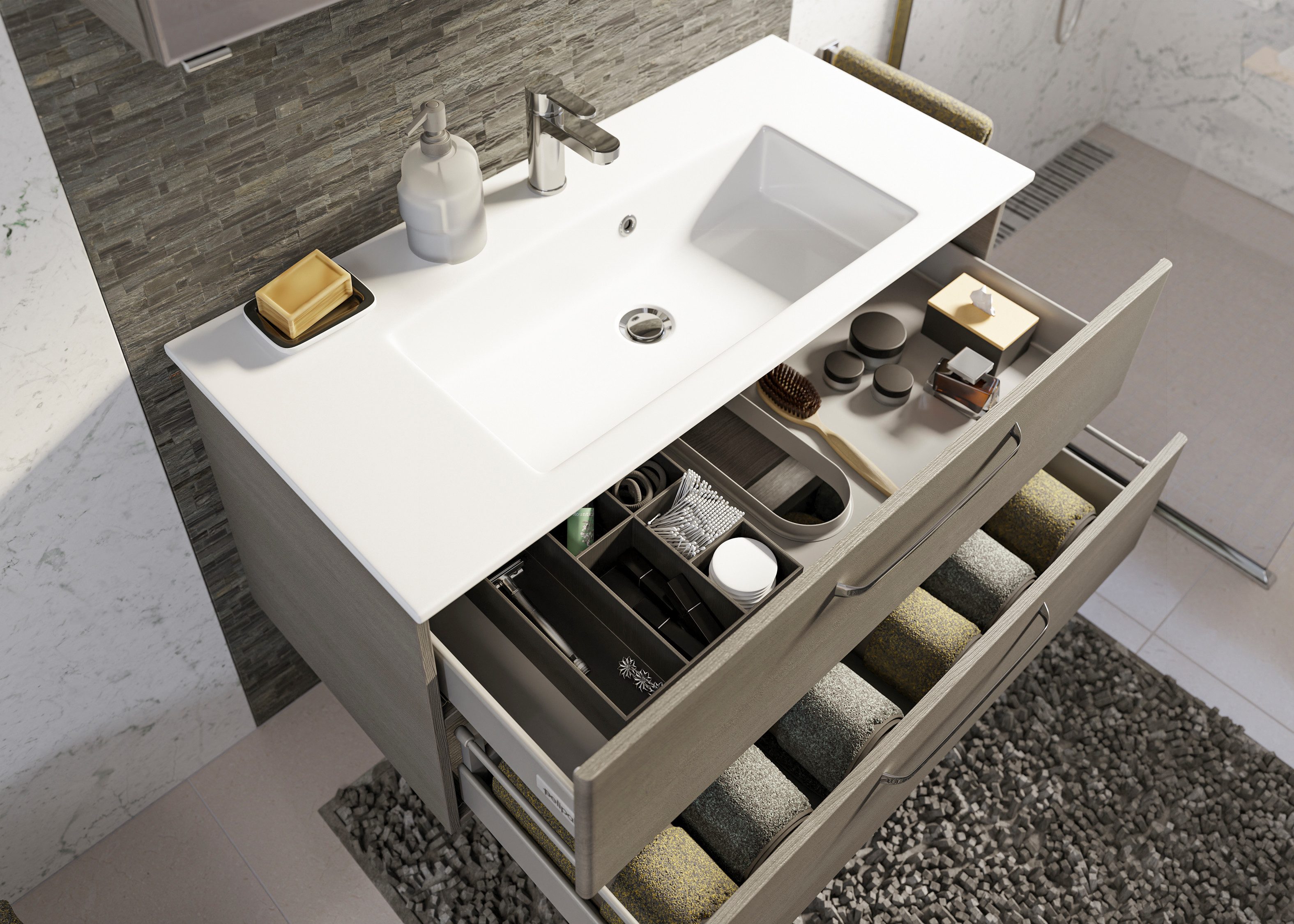 Saphir Badmeubelset Trentino 2-delig mineralen marmer wasbak, spiegelkast met LED-profiel (3 stuks)