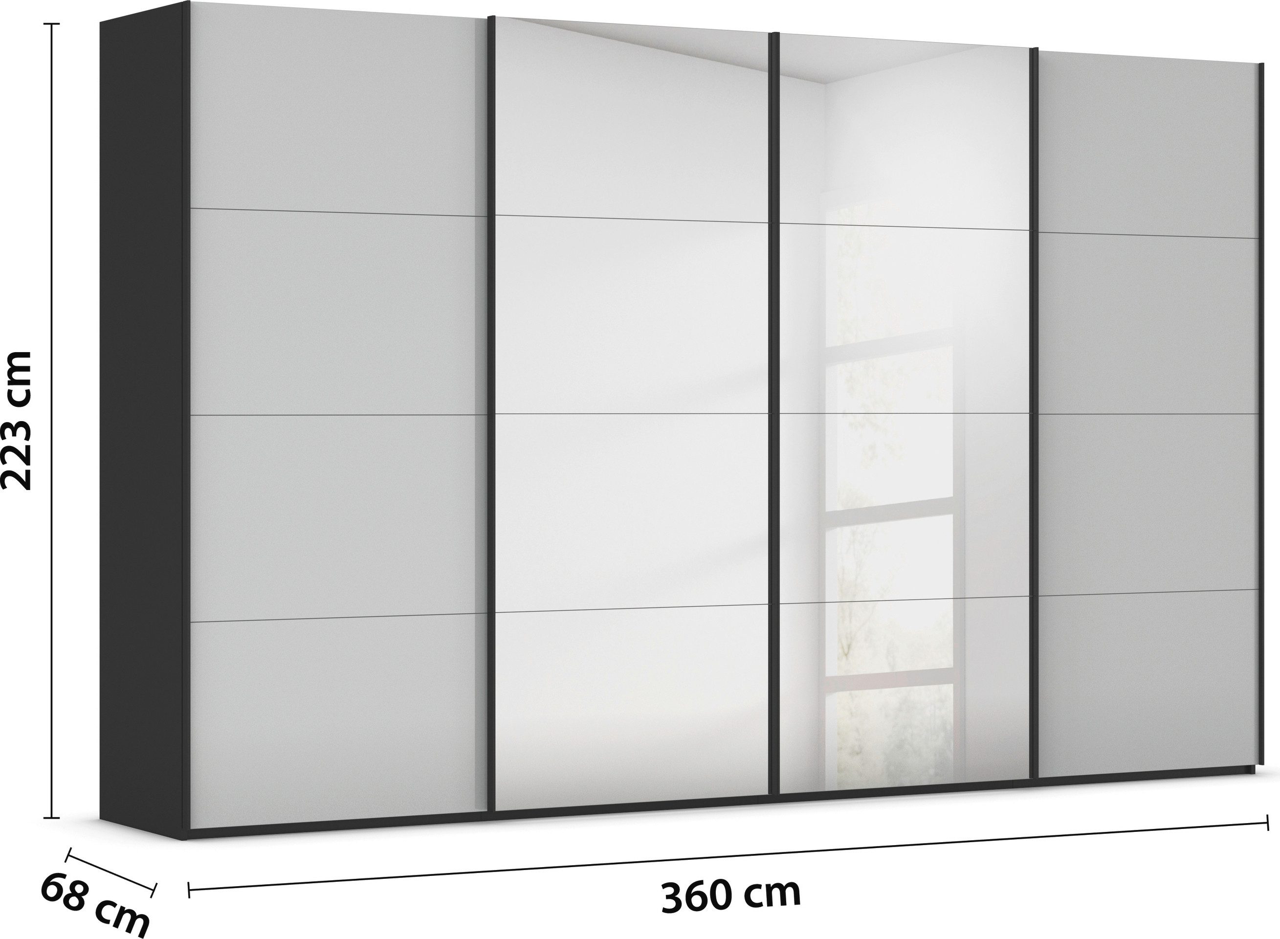 rauch Schuifdeurkast Kledingkast Kast Garderobe Slaapkamerkast SCALE-FYRA edel vierdelige deuren spiegel/glas-mix veel kleuren made in germany