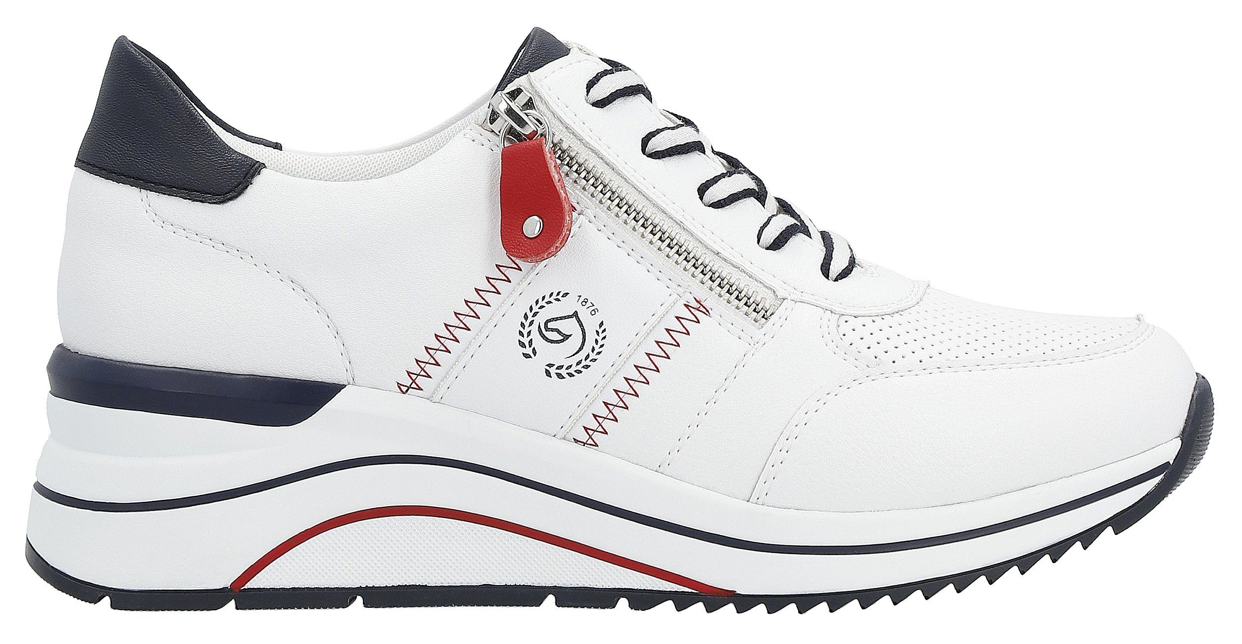 Remonte Sneakers met sleehak , vrijetijdsschoen, lage schoen, veterschoen met metallic contrastaccenten