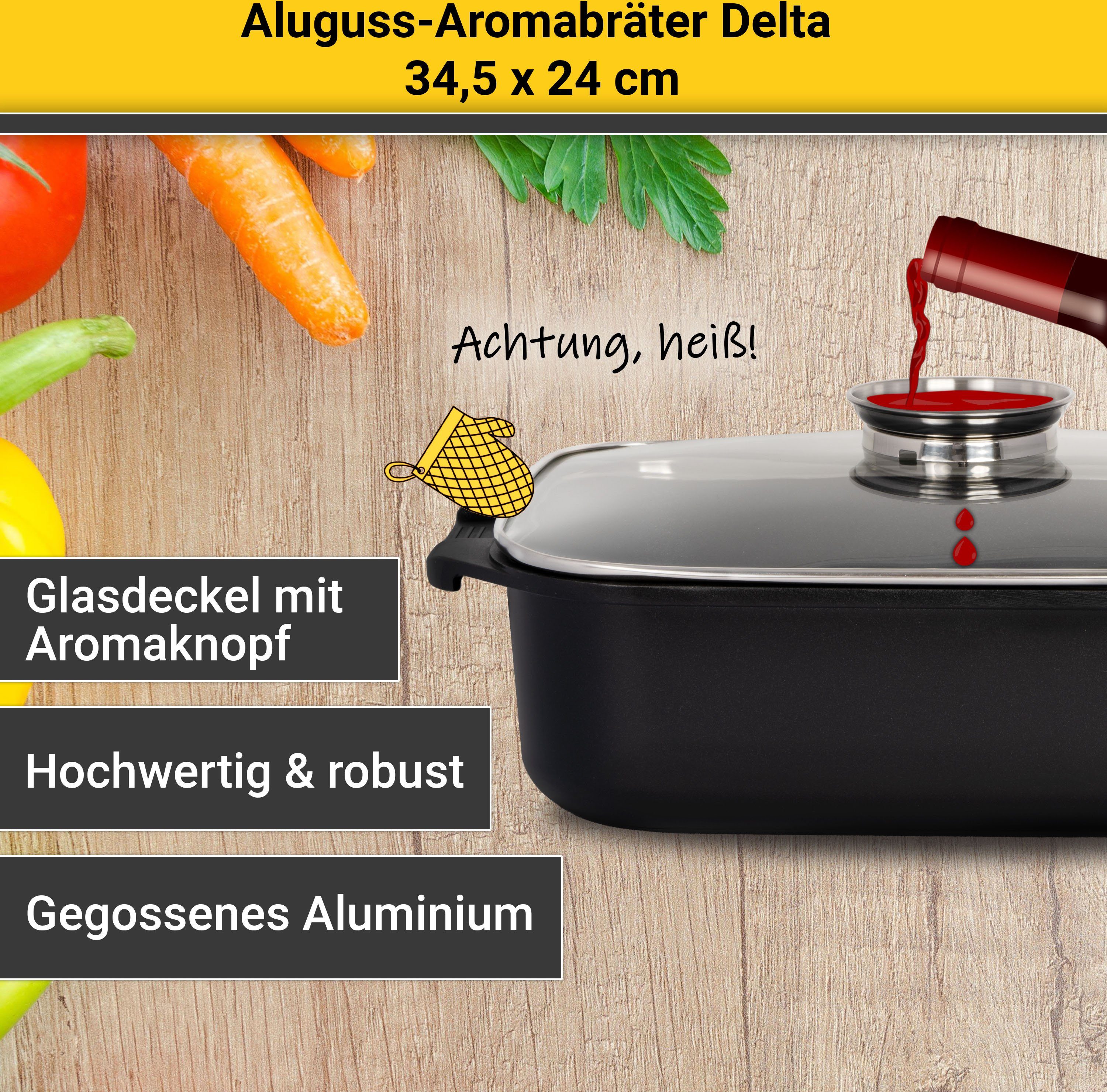 Krüger Braadpan Gietaluminium aroma-braadpan met glazen deksel en aromaknop delta, 34,5x24x9 cm