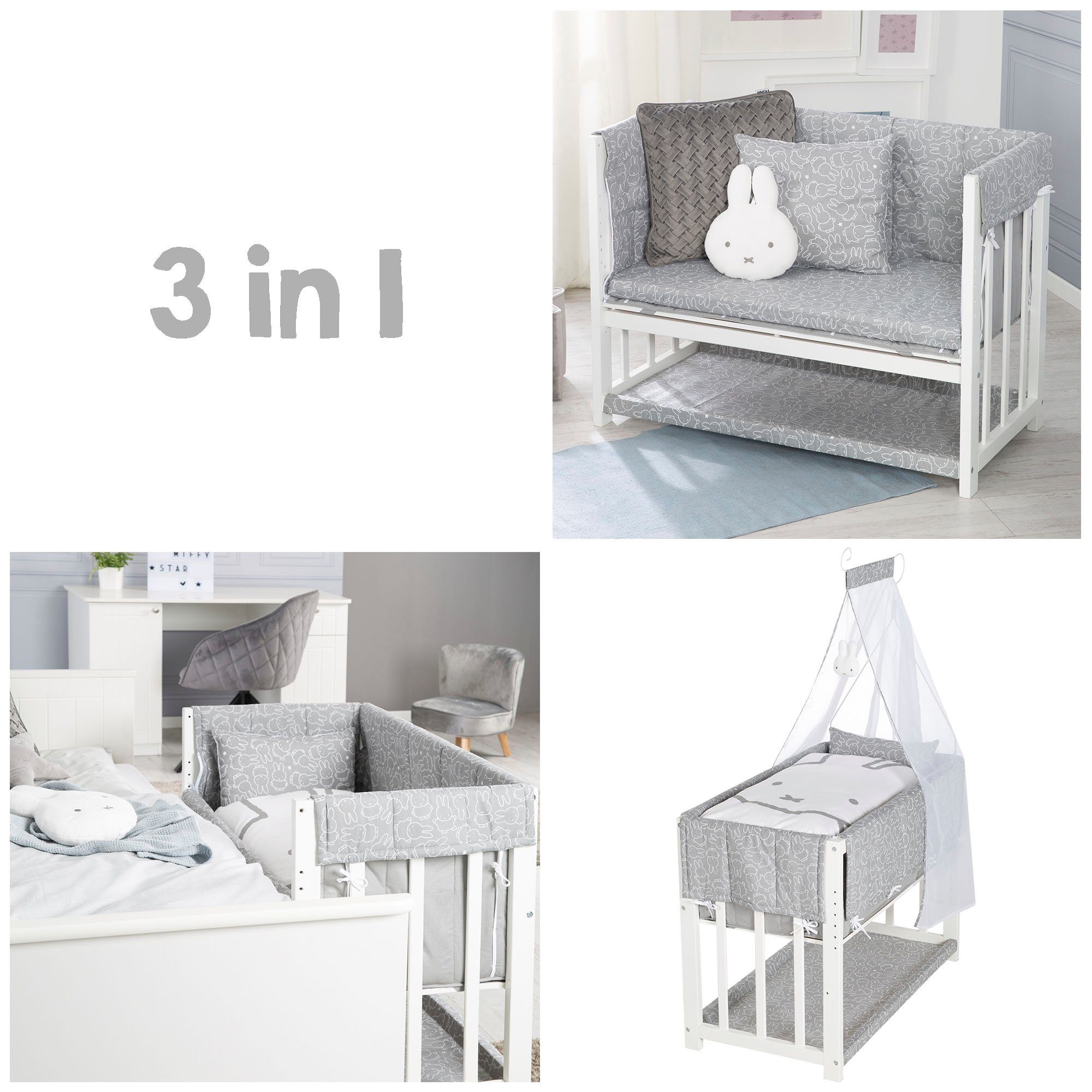 Roba® Wieg 3-in-1, Nijntje, wit tot bed of bank om te bouwen, ligoppervlak in hoogte verstelbaar