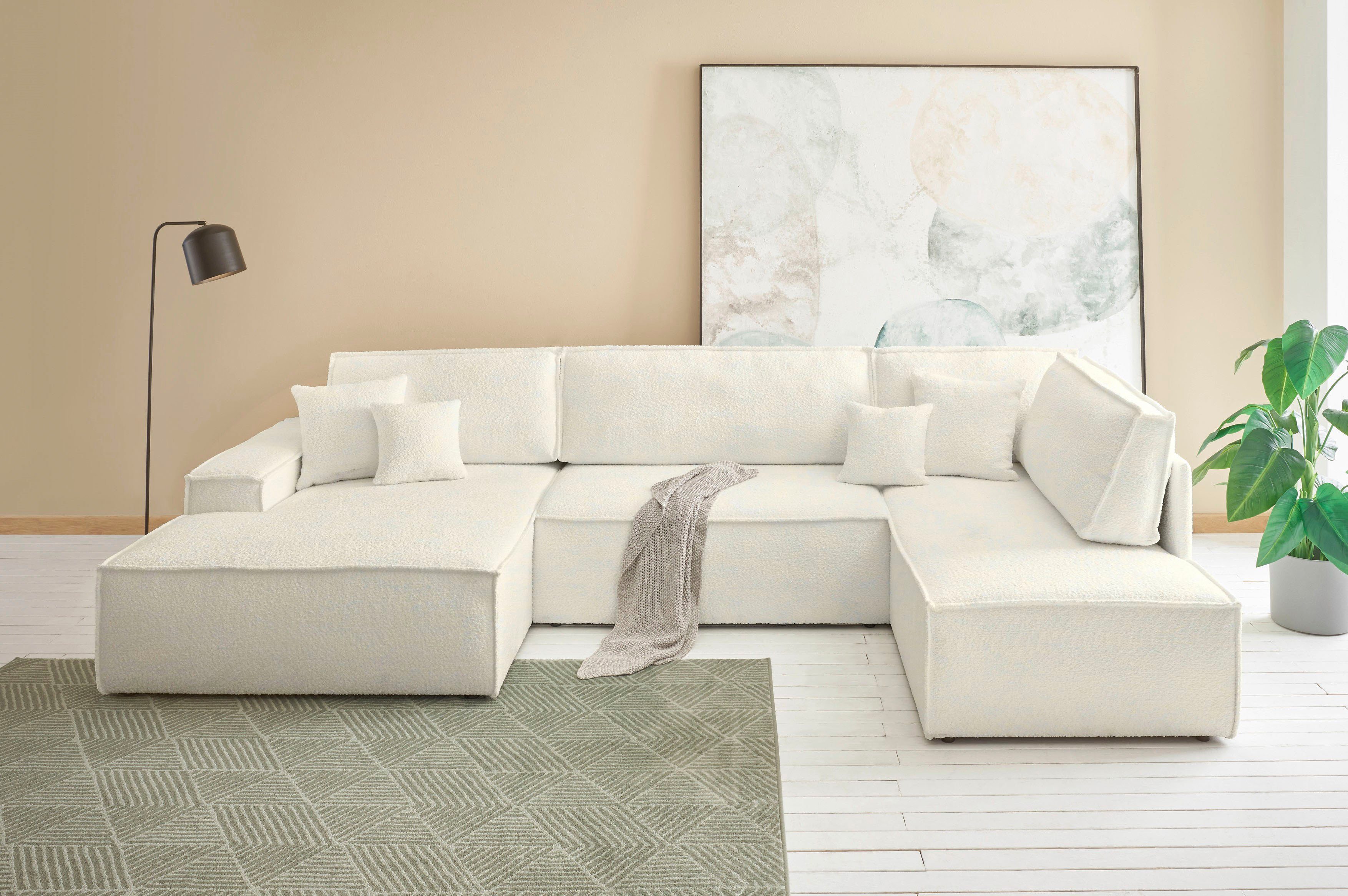 andas Zithoek FINNLEY U-model XXL 329 cm, bedbank, slaapfunctie m. bedkist wit, zithoeken, Ottomane links-langer Schenkel rechts