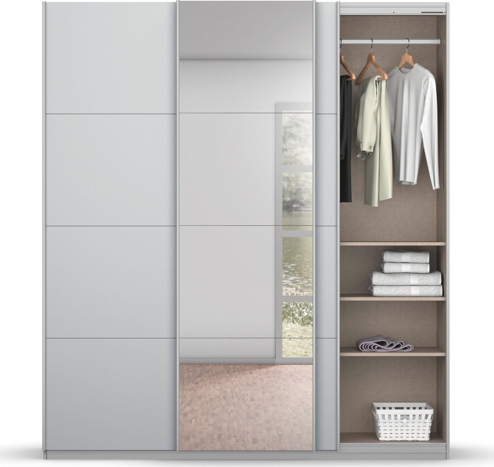 rauch Zweefdeurkast Kledingkast kast garderobe BESTSELLER KOLUNA met spiegel inclusief 2 binnenladen en extra legplanken made in germany