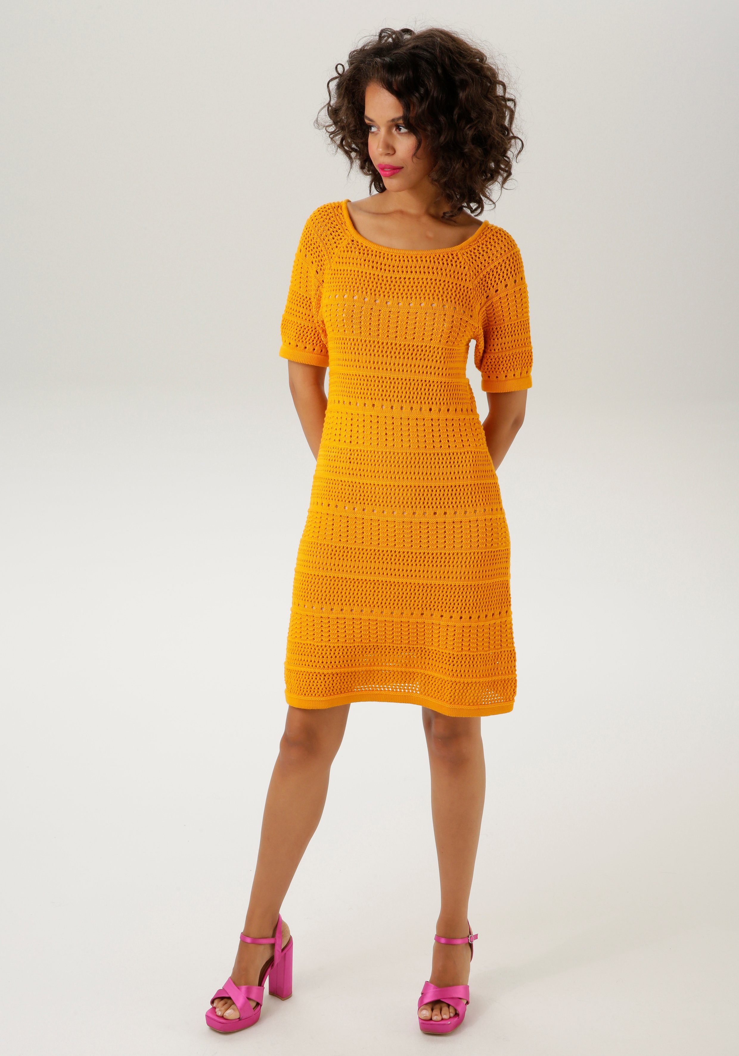 aniston casual gebreide jurk in ajourmotief-mix - nieuwe collectie oranje