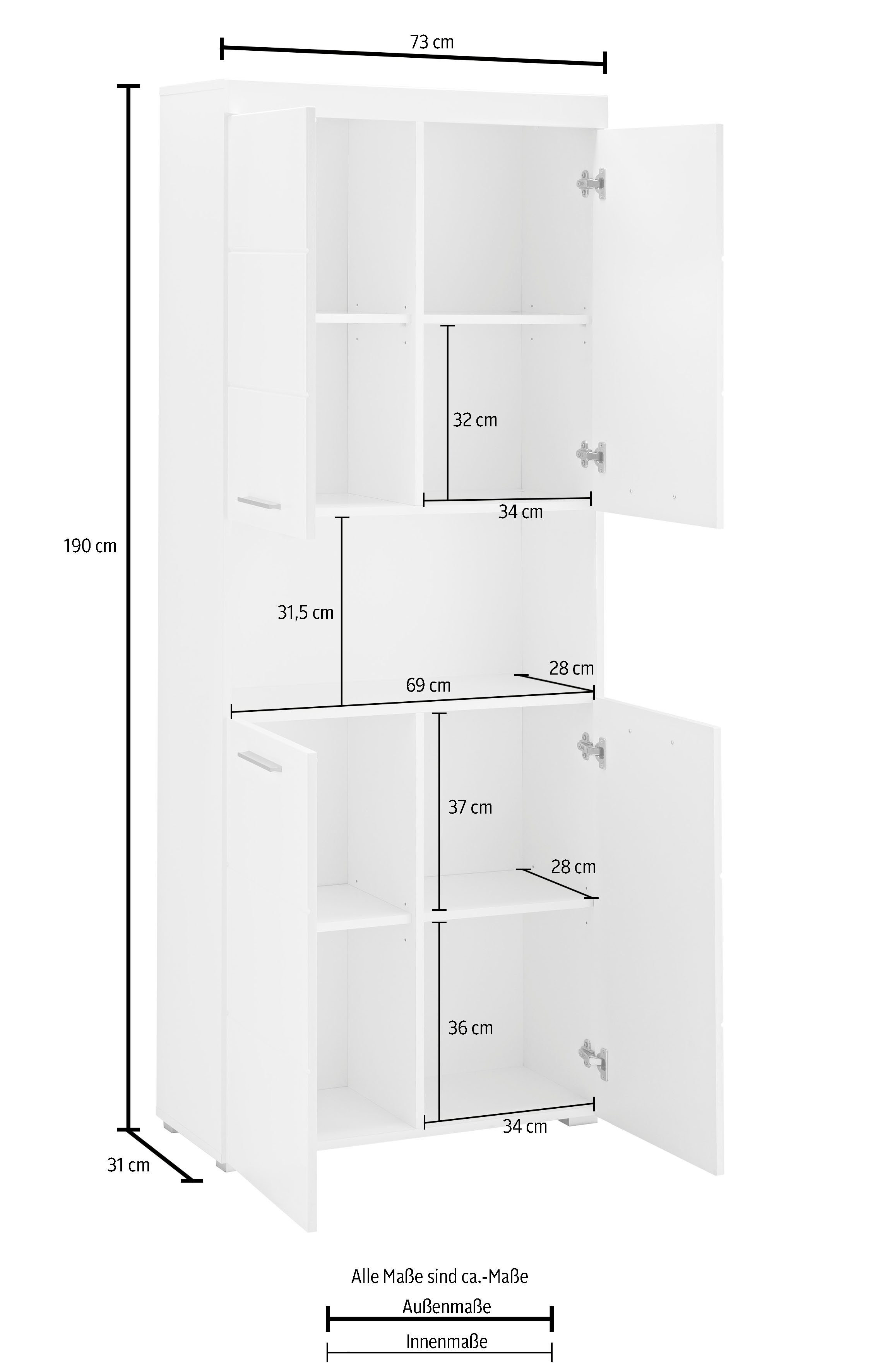 INOSIGN Hoge kast Avena Badkamer hoge kast met open vak, 4 deuren en 4 planken