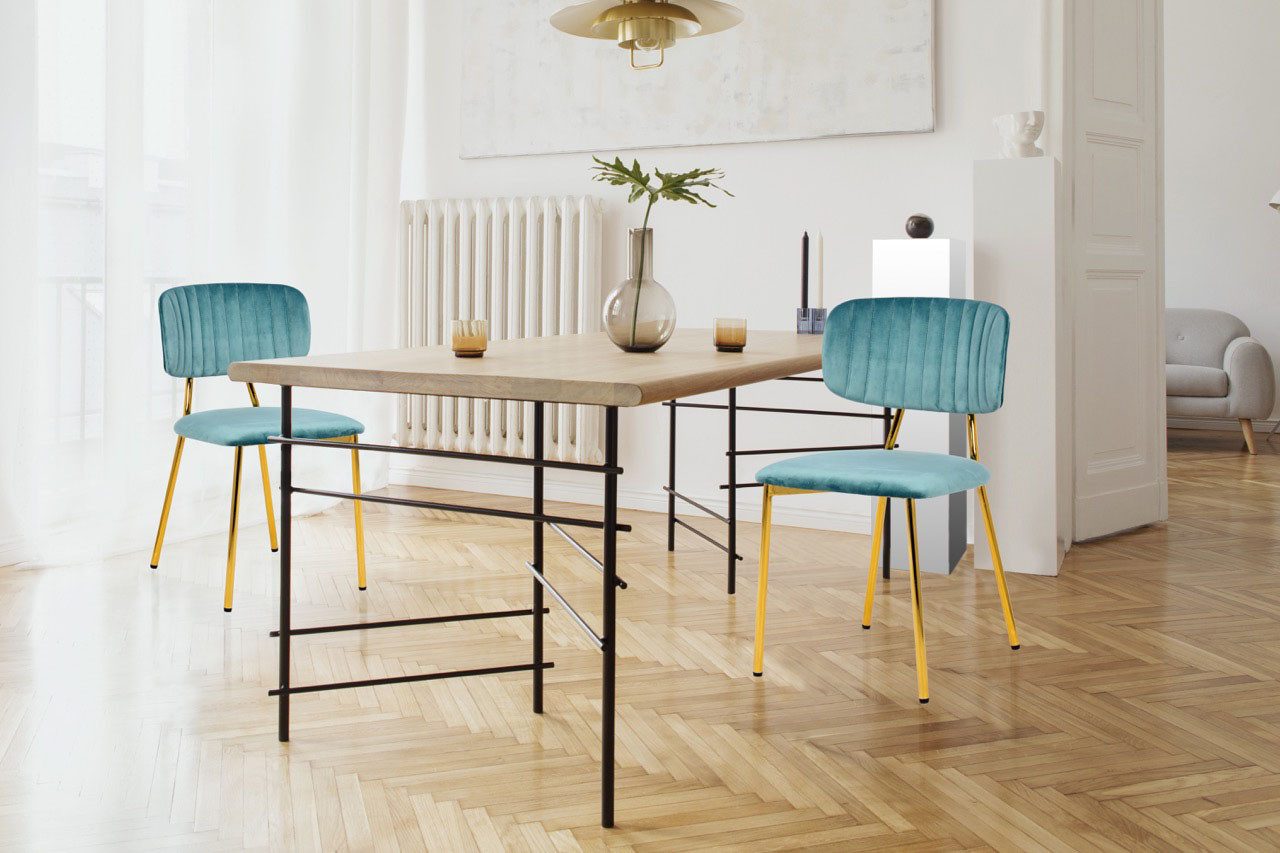 Kayoom Stoel Giselle 125 2-delige set, onderhoudsvriendelijke fluwelen bekleding met armleuningen, goudkleurige frame van roestvrij staal, fluwelen bekleding, decoratieve stiksels (set, 2 stuks)