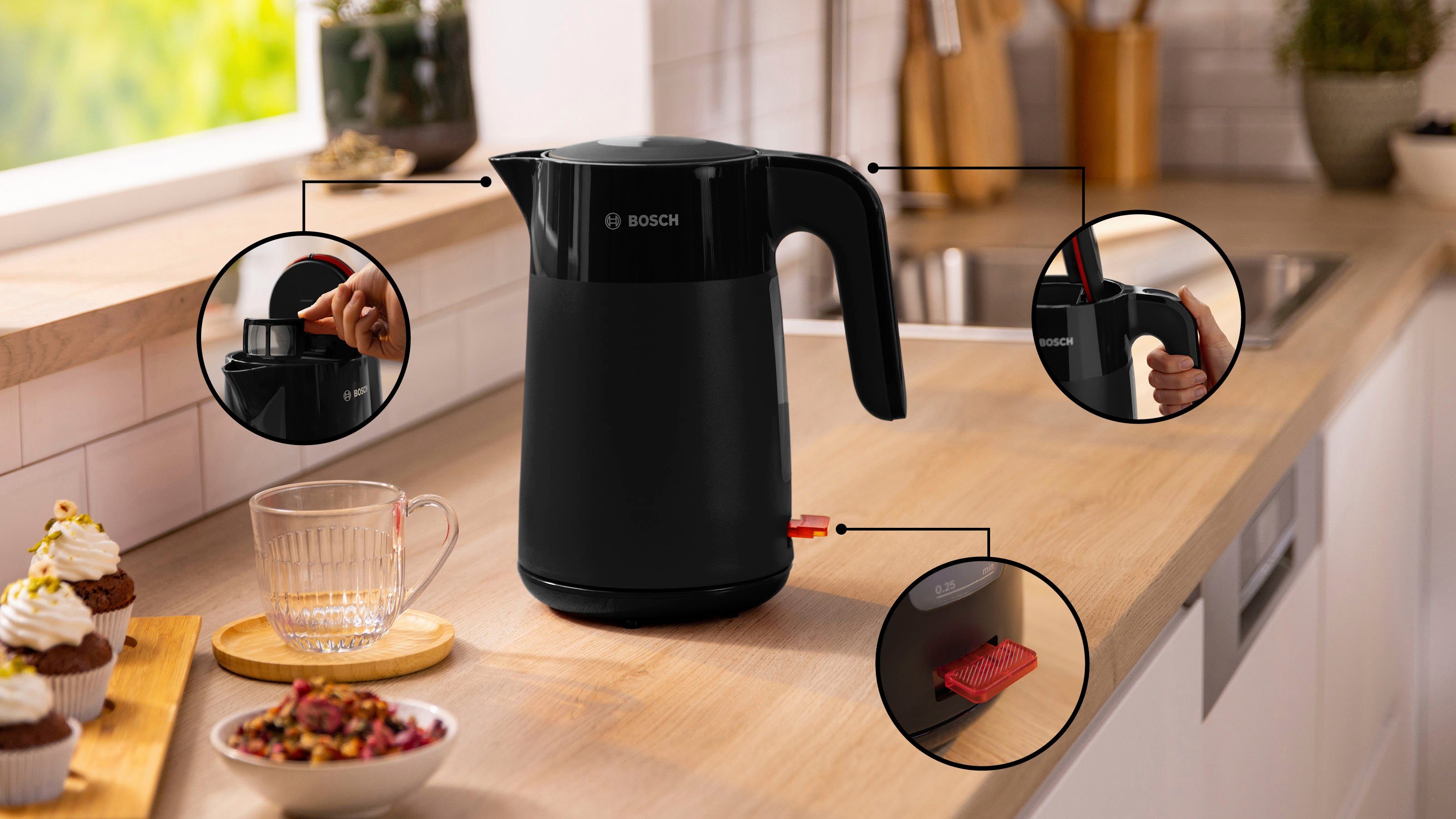 BOSCH Waterkoker MyMoment TWK2M163, Abschaltautomatik, Überhitzungschutz, Tassenanzeige, 1,7 l, Automatische uitschakeling, weergave aan kopjes, matzwart