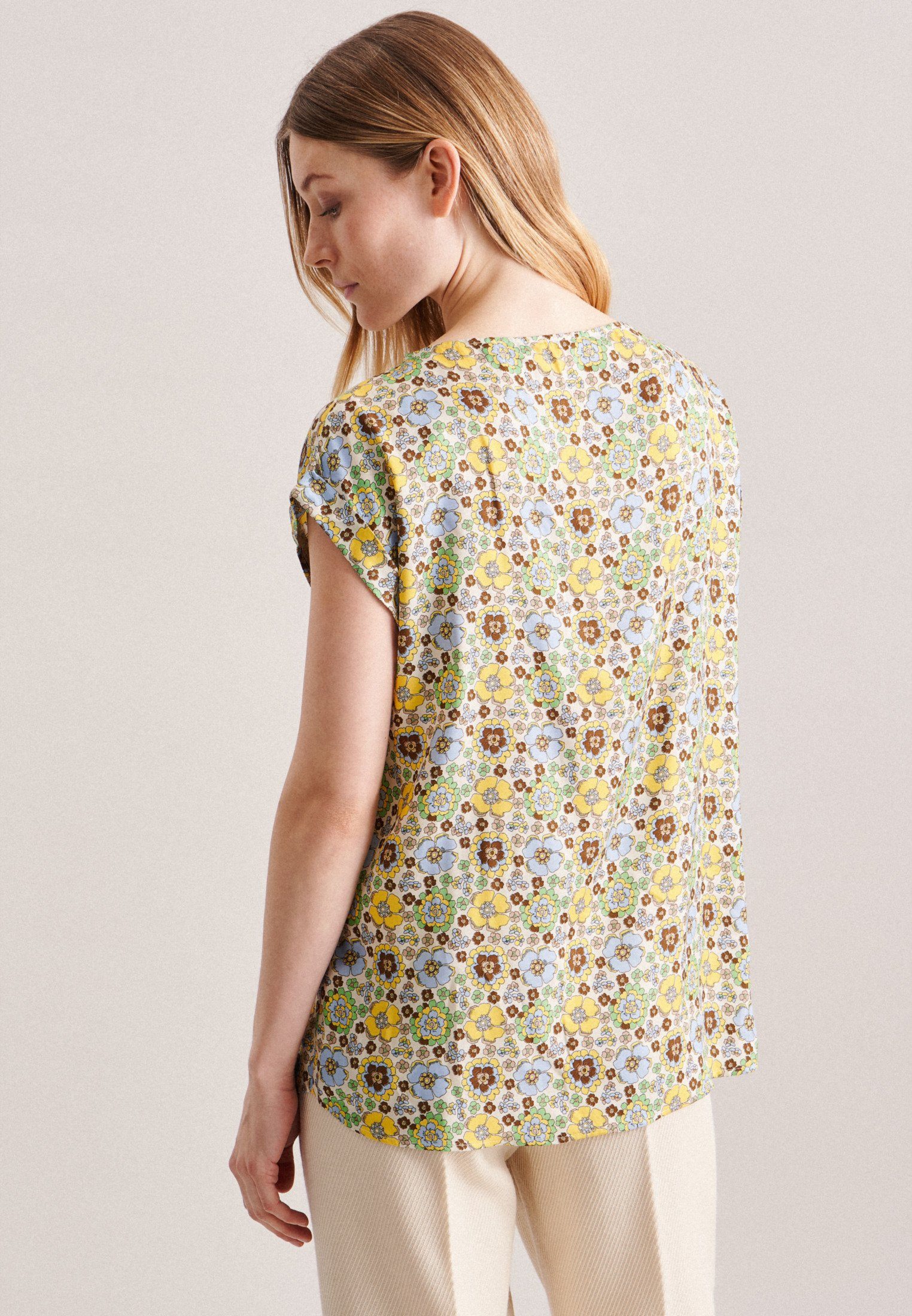 seidensticker Shirtblouse Zwarte roos Korte mouwen ronde hals print