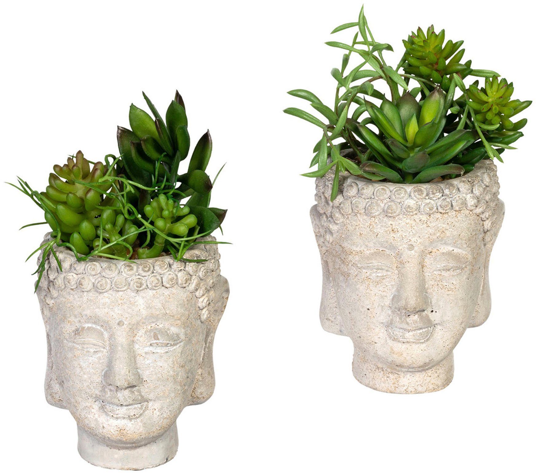 Creativ green Kunst-potplanten Vetplanten-arrangement in pot van cement, set van 2 (2 stuks)