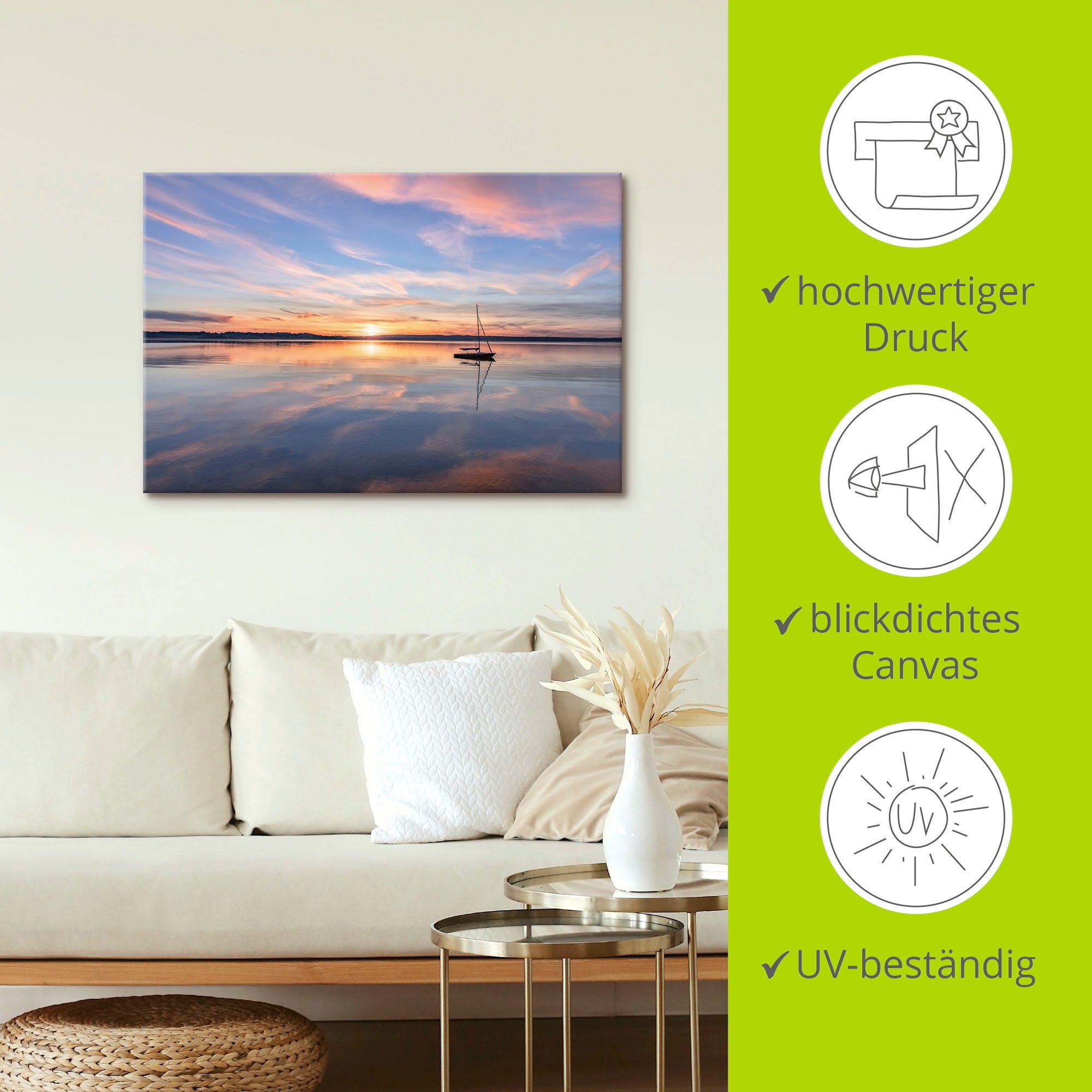 Artland Artprint Zonsondergang aan het Starnberger meer II als artprint van aluminium, artprint op linnen, muursticker of poster in verschillende maten