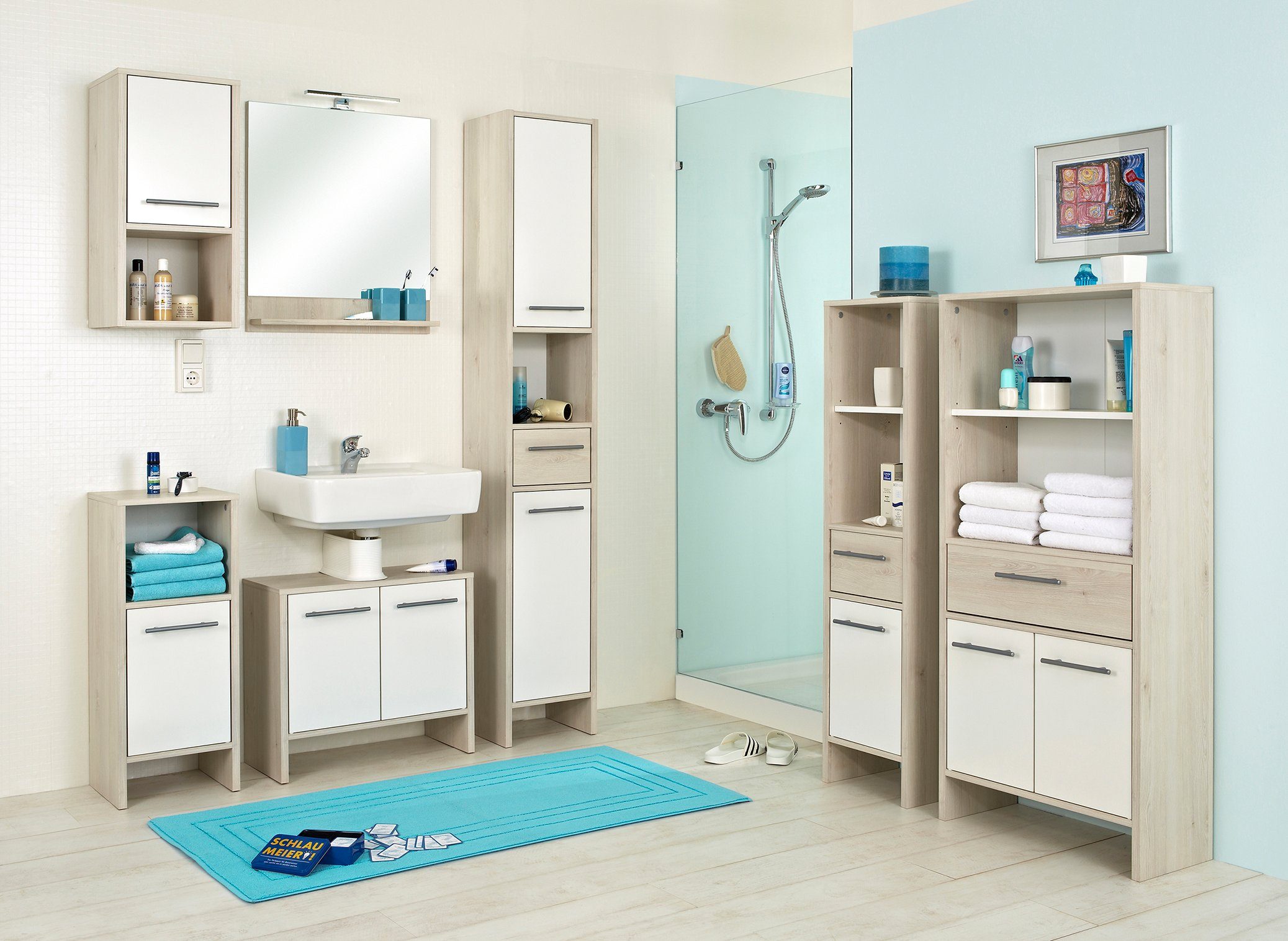 Saphir Hoge kast Quickset 350 Badkamermeubel 33 cm breed, 2 deuren, 1 lade, 1 nis Badkamer hoge kast, licht dennenhout Ida, handgrepen in aluminiumkleur (1 stuk)