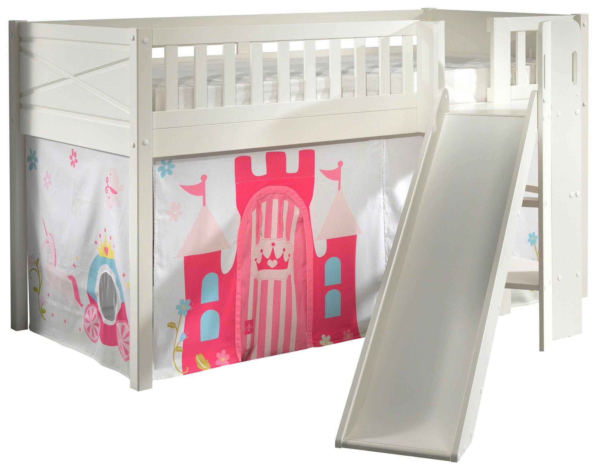 Vipack Hoogslaper Scott m. glijbaan/ladder toren, ligoppervlak 90 x 200 cm, doek, tunnel, 4 designs hoogslapers wit