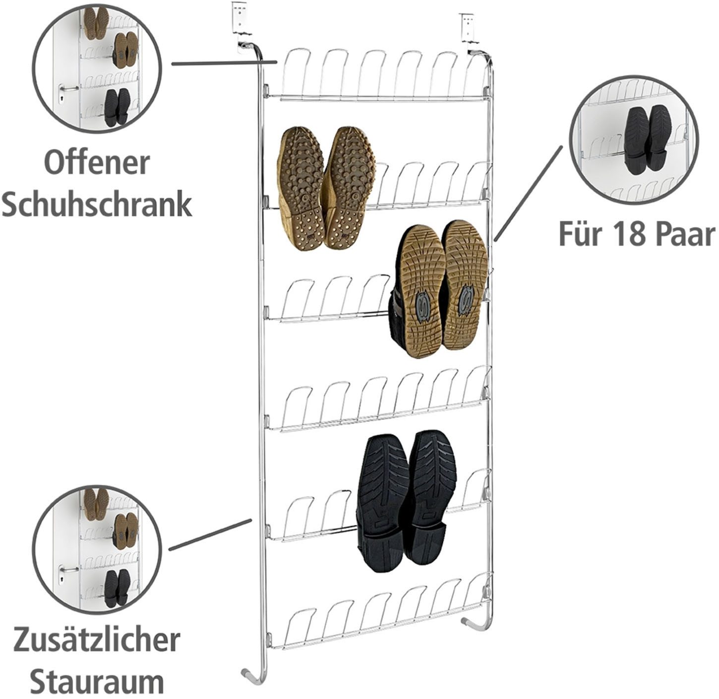 WENKO Deurrekje voor 18 paar schoenen, ruimtebesparend, om op te hangen aan deuren zonder boren
