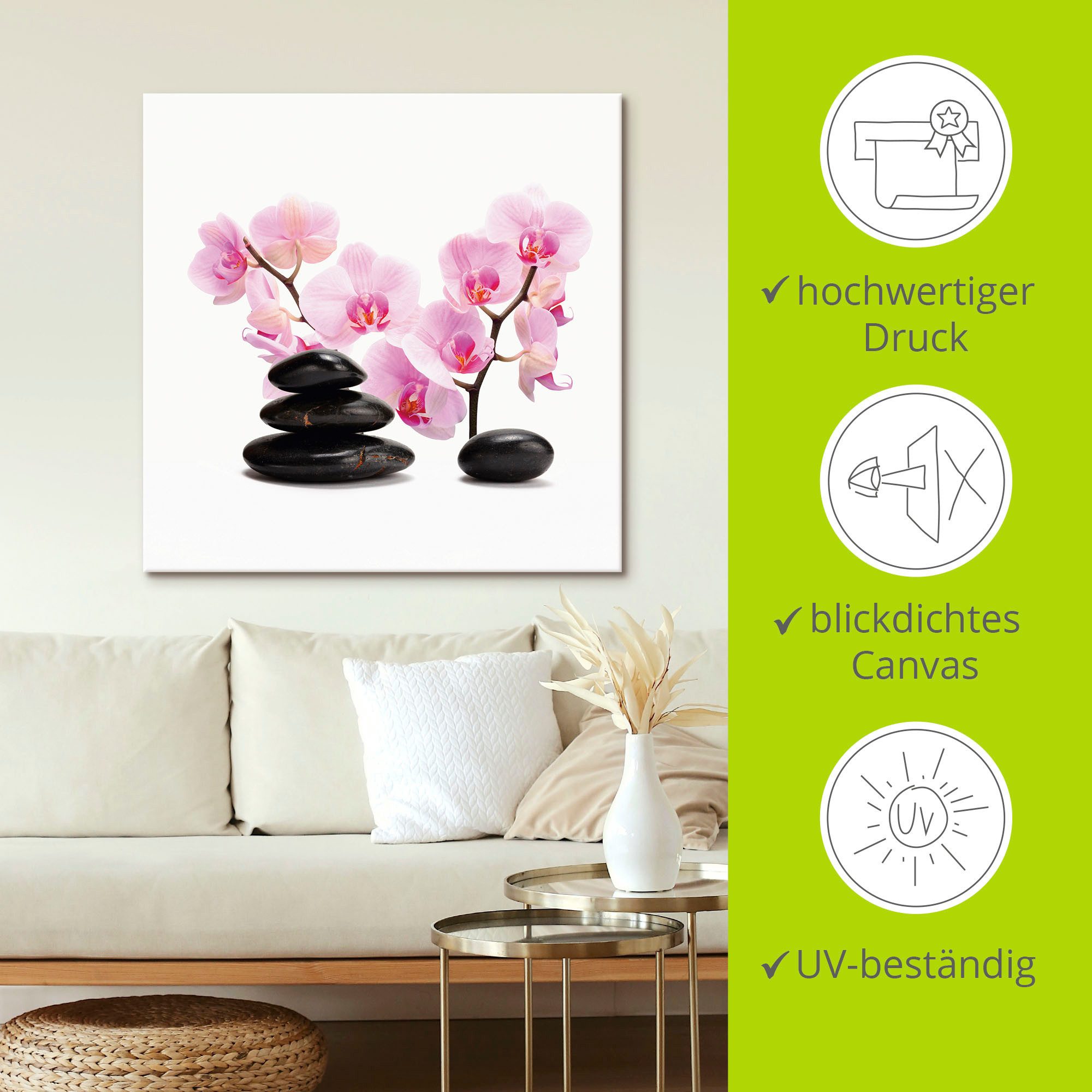 Artland Artprint Zwarte stenen en pink orchidee als artprint op linnen, poster, muursticker in verschillende maten