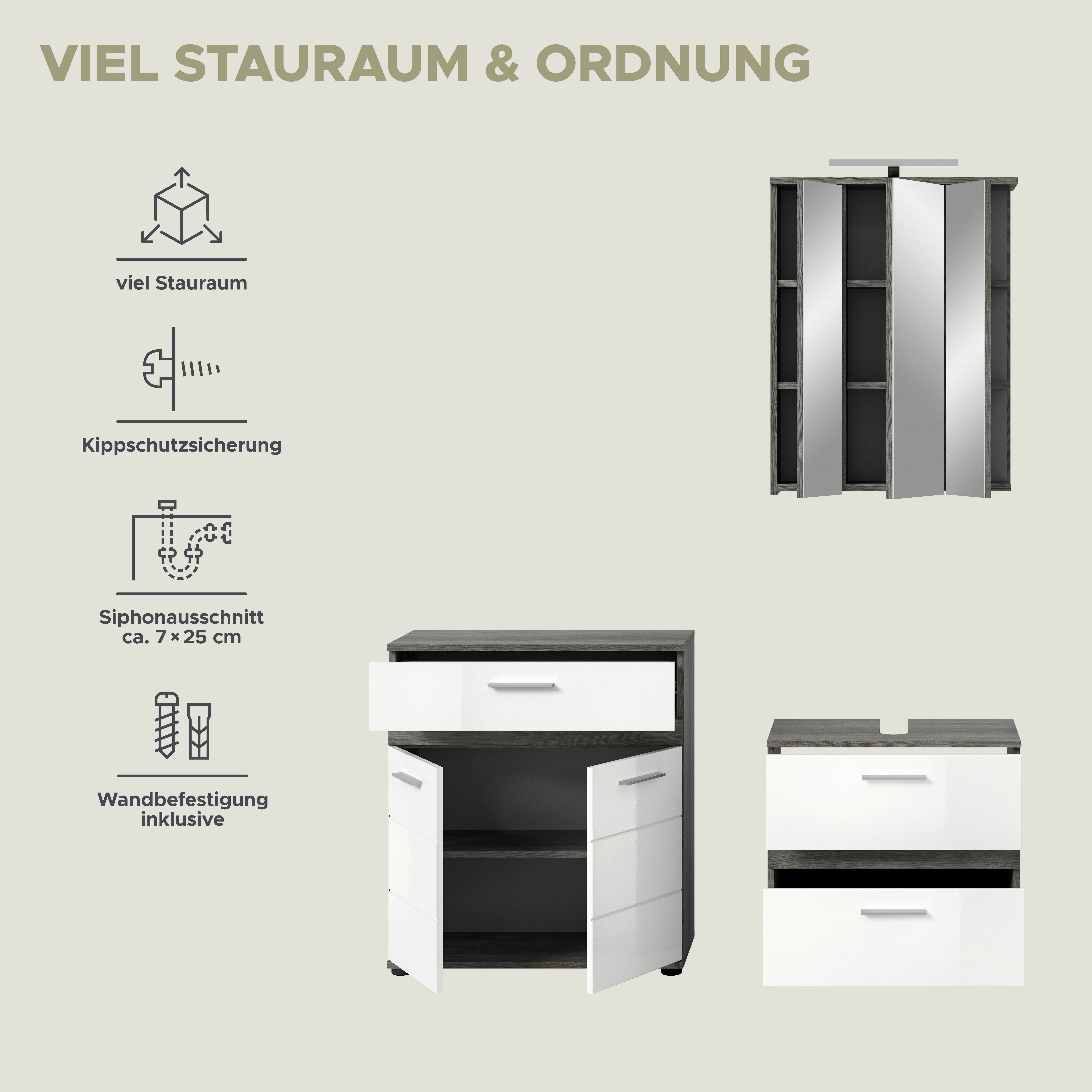 welltime Badmeubelset LUCCA, 3-delig, TOPSELLER!, hoogwaardige MDF front (set, 3 stuks)