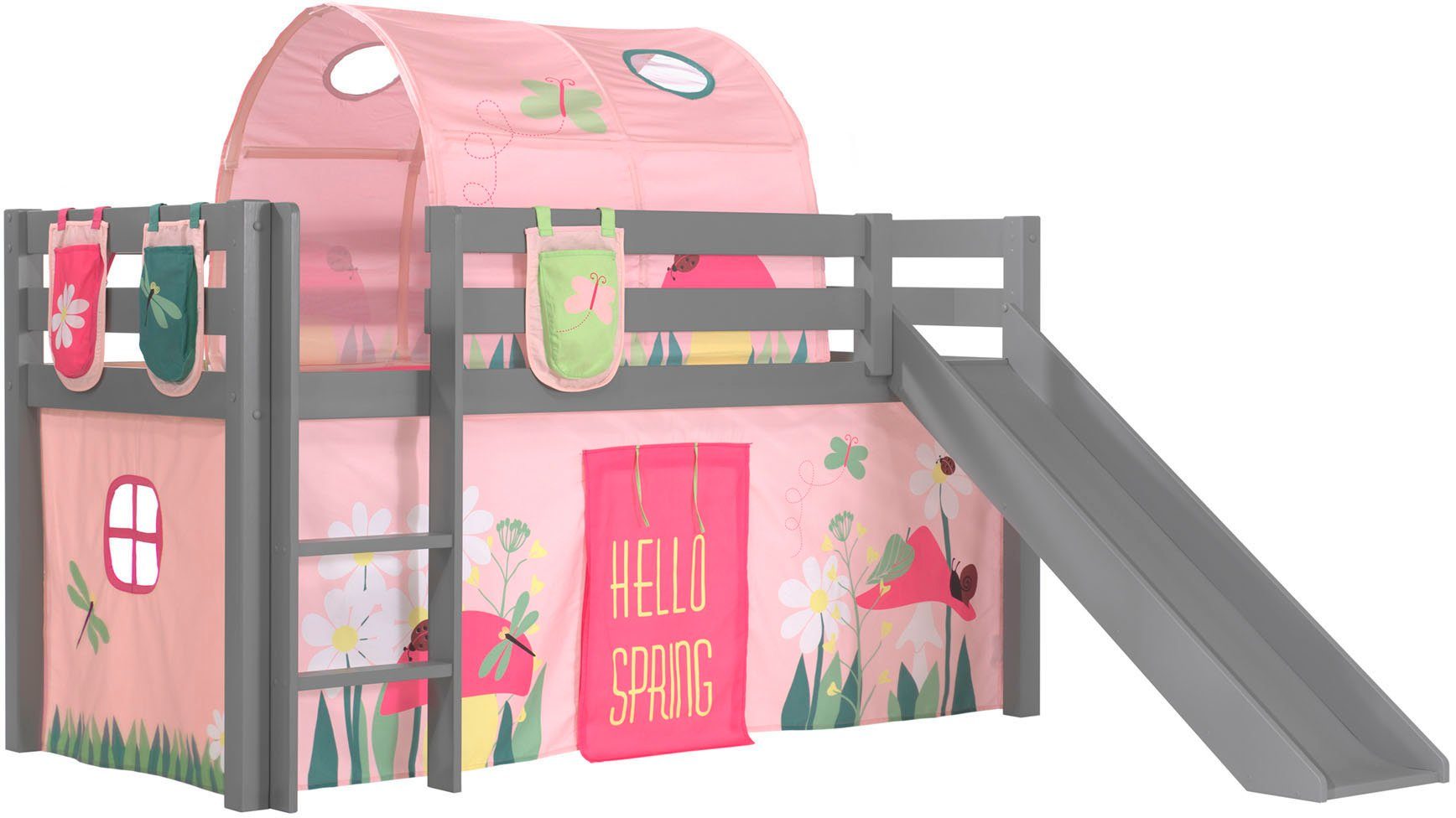 Vipack Hoogslaper PINO Massief hout, textielset 'Spring', naar keuze met glijbaan en bedtunnel