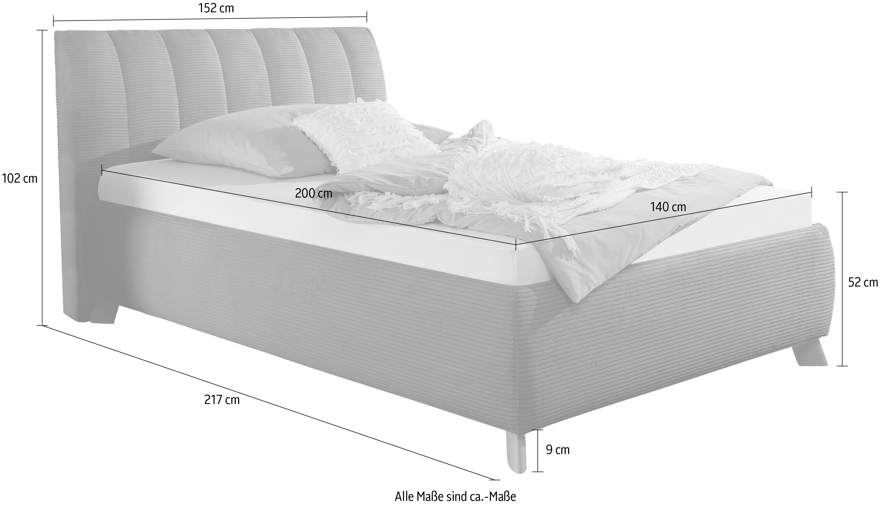Maintal Gestoffeerd bed Hügeldorf inclusief bedlade, verkrijgbaar in h2, h3 & h4, van cord bekleding