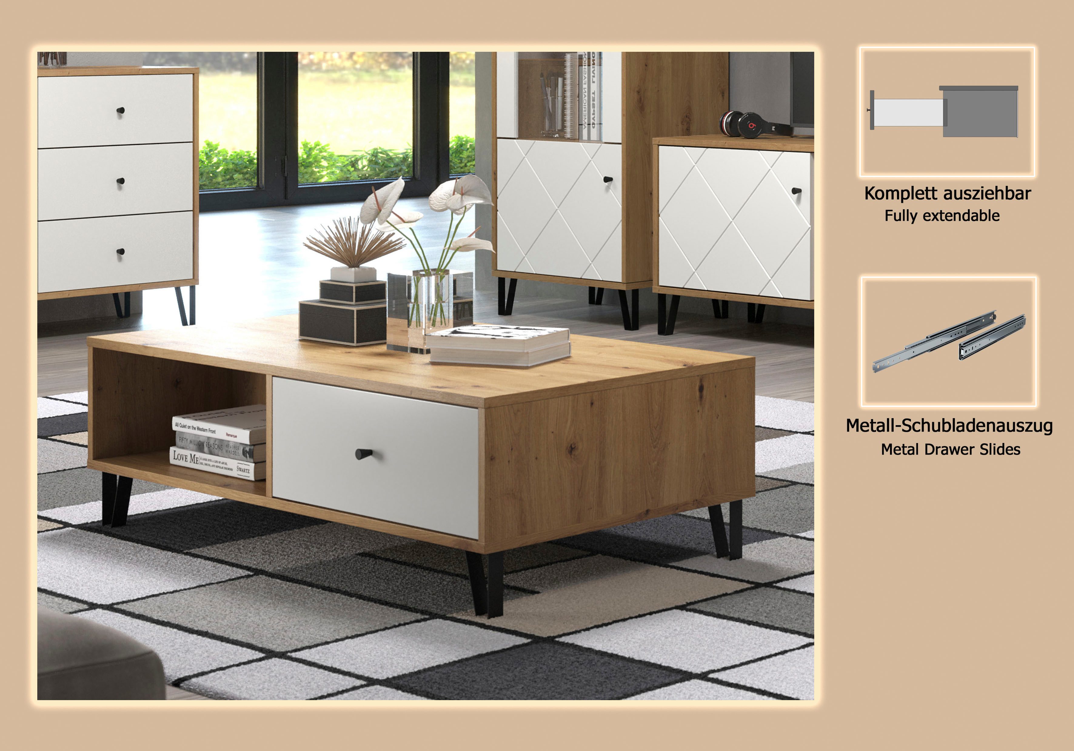 Places of Style Salontafel Tarragona Salontafel met 2 planken en 2 lades met metalen poten