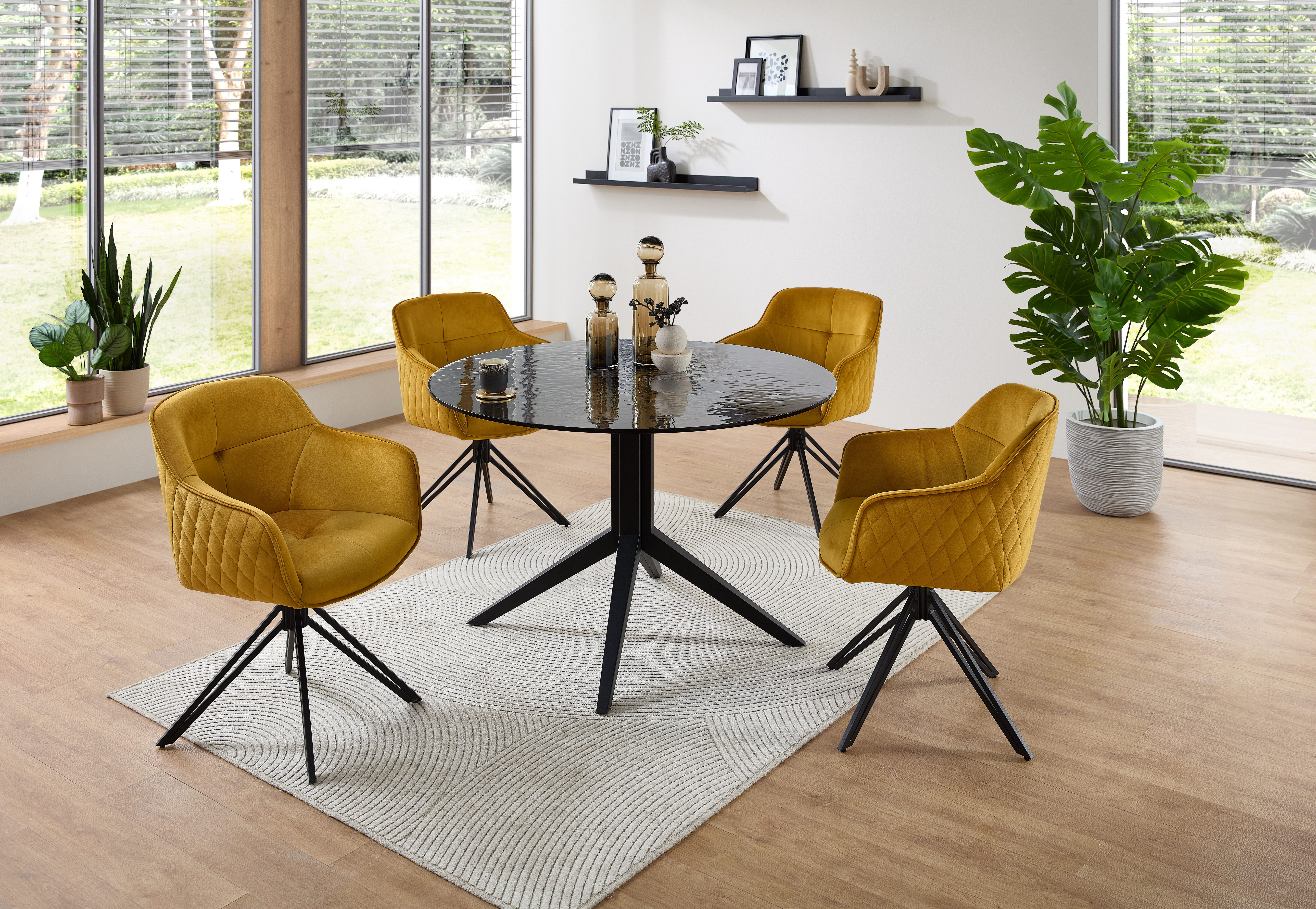 Stolkom Eettafel Leano ronde glazen tafel zwart, eettafel BxH 110x76 cm Veiligheidsglas breukveilig, water ripple effect zwart getint