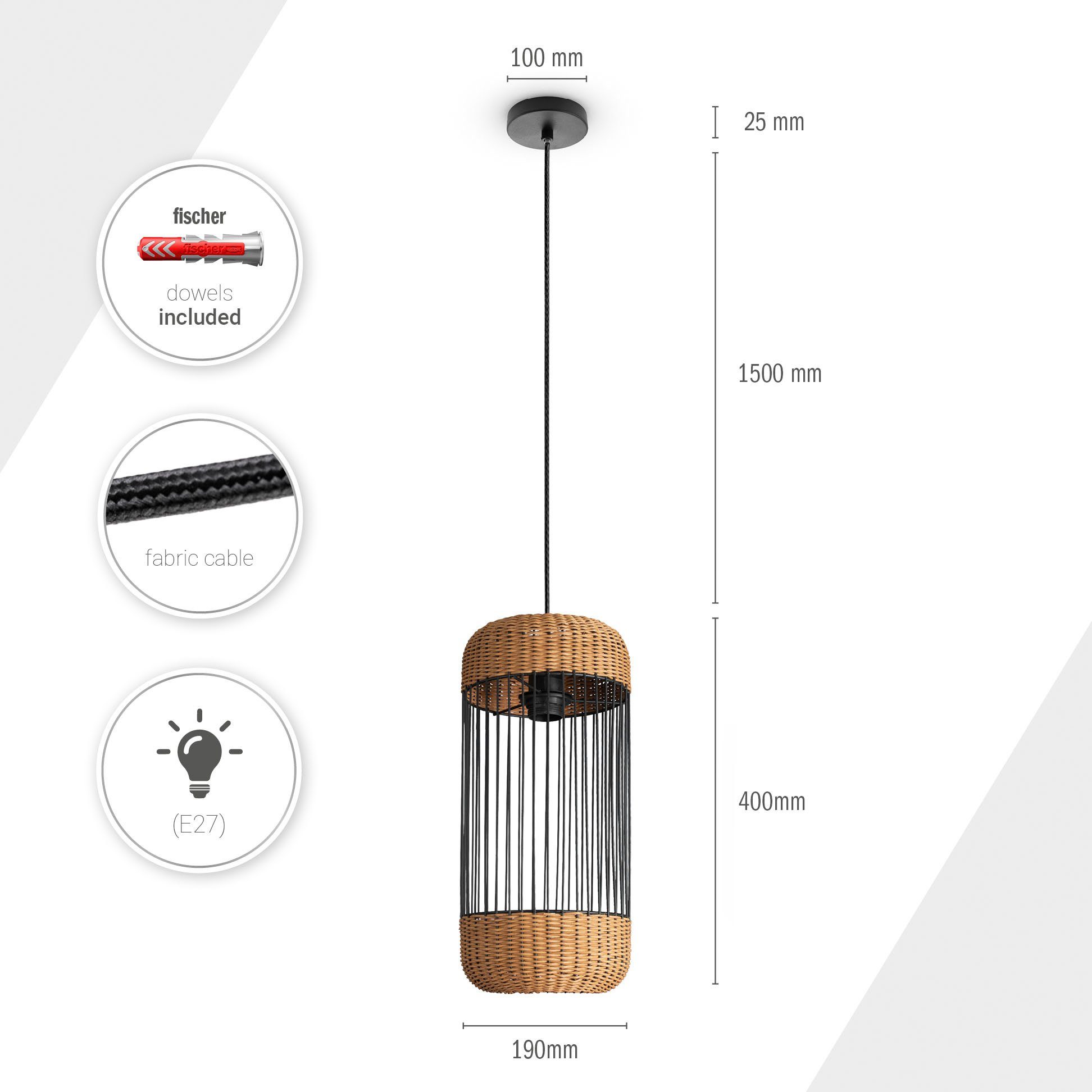 Paco Home Hanglamp PUSTA Rattan eetkamer lamp pendellamp Boho cilinder rustiek E27