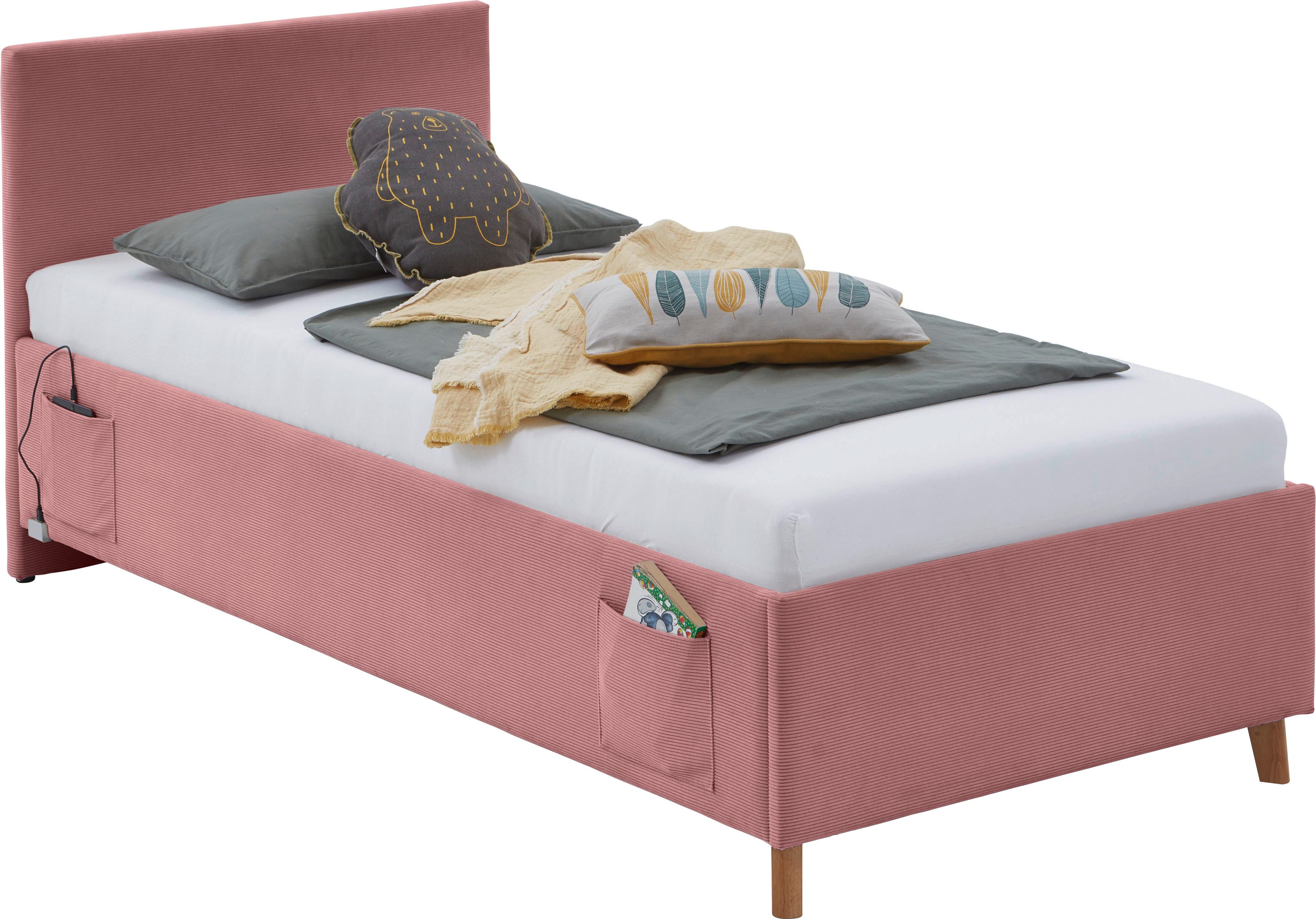 meise.möbel Kinderledikant Blauw Bekleed bed naar keuze met bedkist, tienerbed inclusief USB-aansluiting