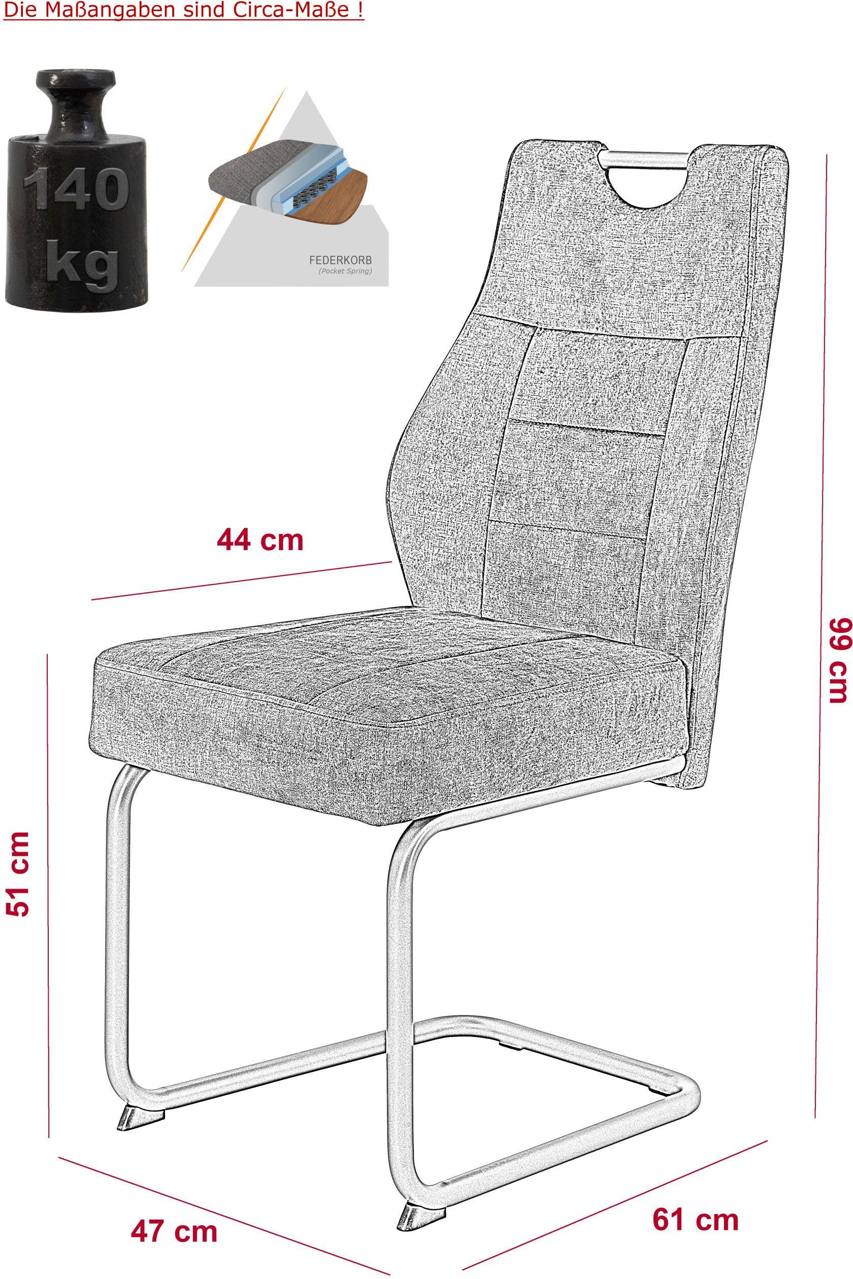 HELA Eetkamerstoel Linda S schommelstoel BESTSELLER met pocketvering zitting, belastbaar tot 140kg, vrije schommelstoel (set)